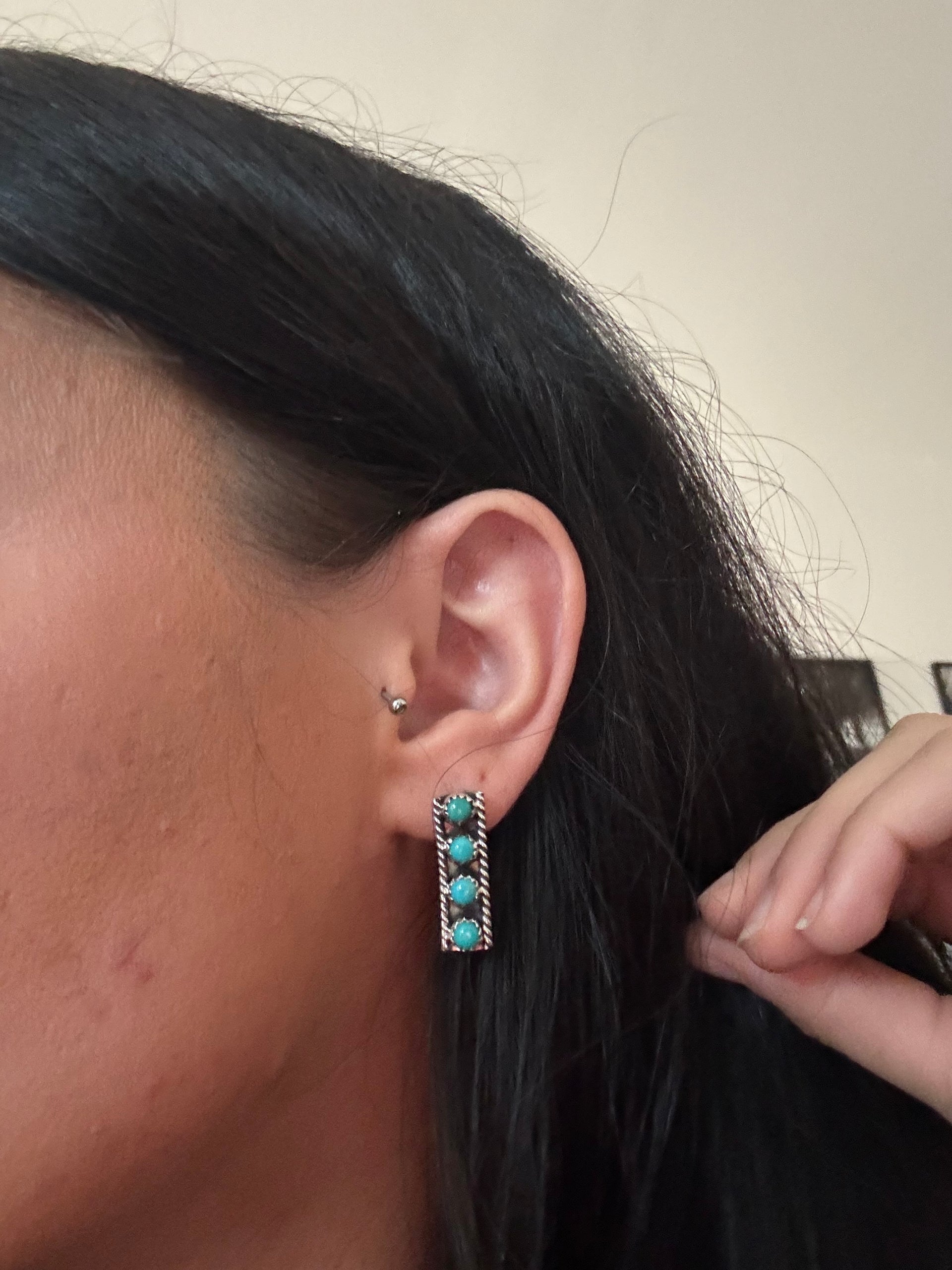 Navajo Made Kingman Turquoise & Sterling Silver Post Dangle Earrings