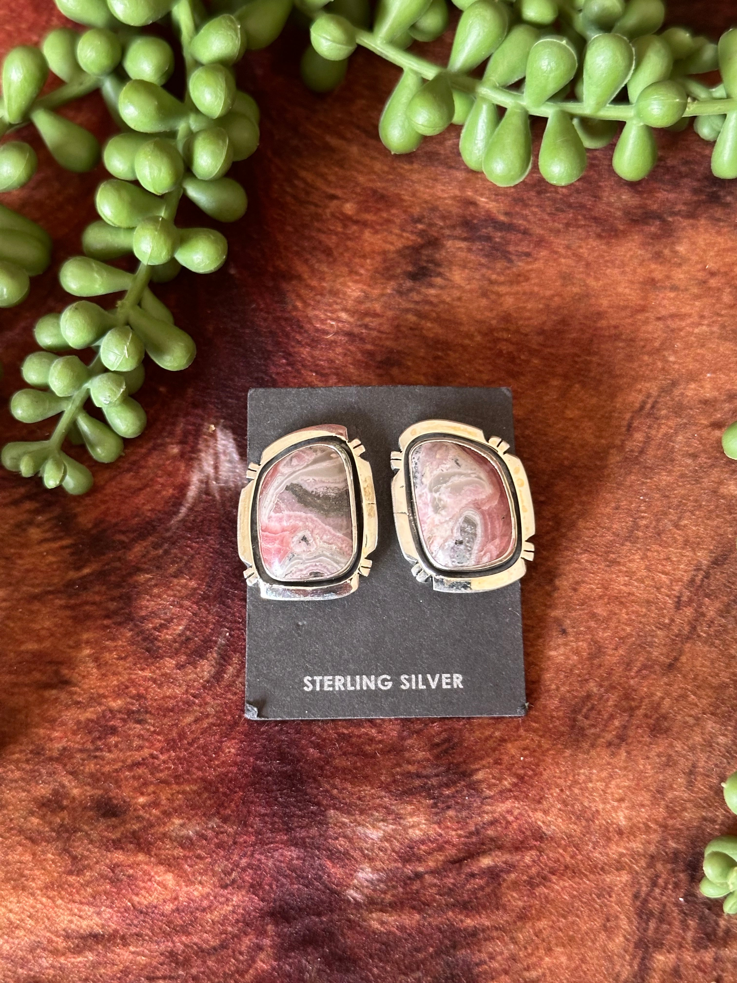 Navajo Made Rhodochrosite & Sterling Silver Post Earrings