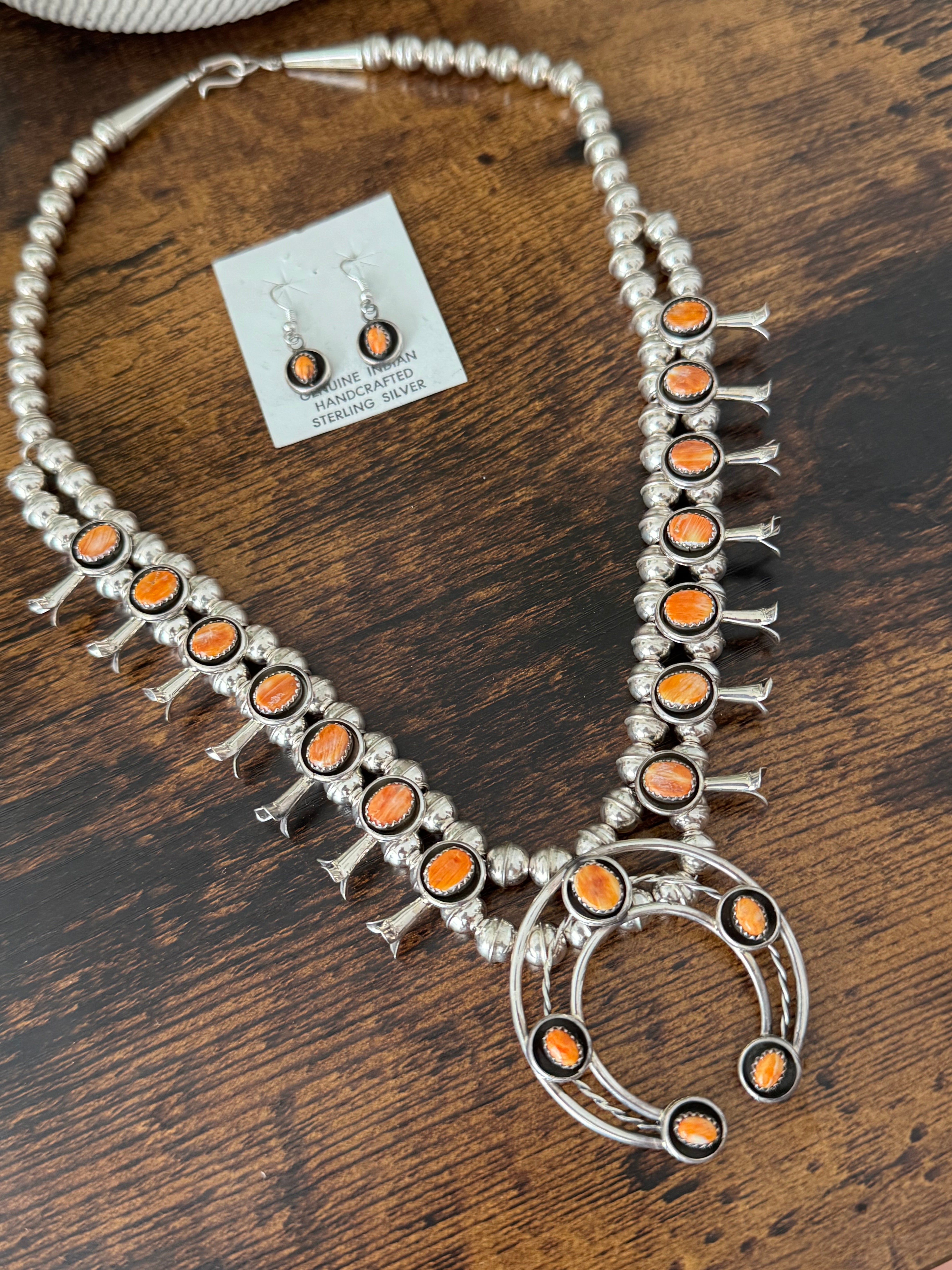 Navajo Made Spiny Oyster & Sterling Silver Squash Blossom Necklace Set