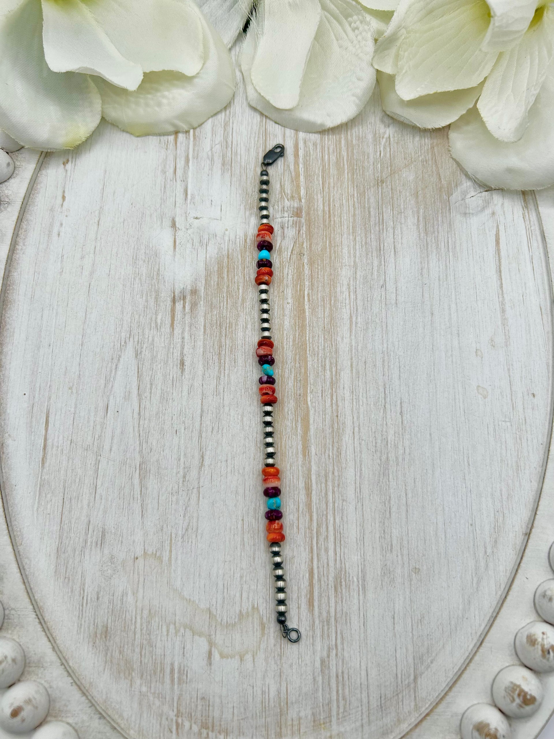 Navajo Made Strung Multi Stone & Sterling Silver Link Bracelet