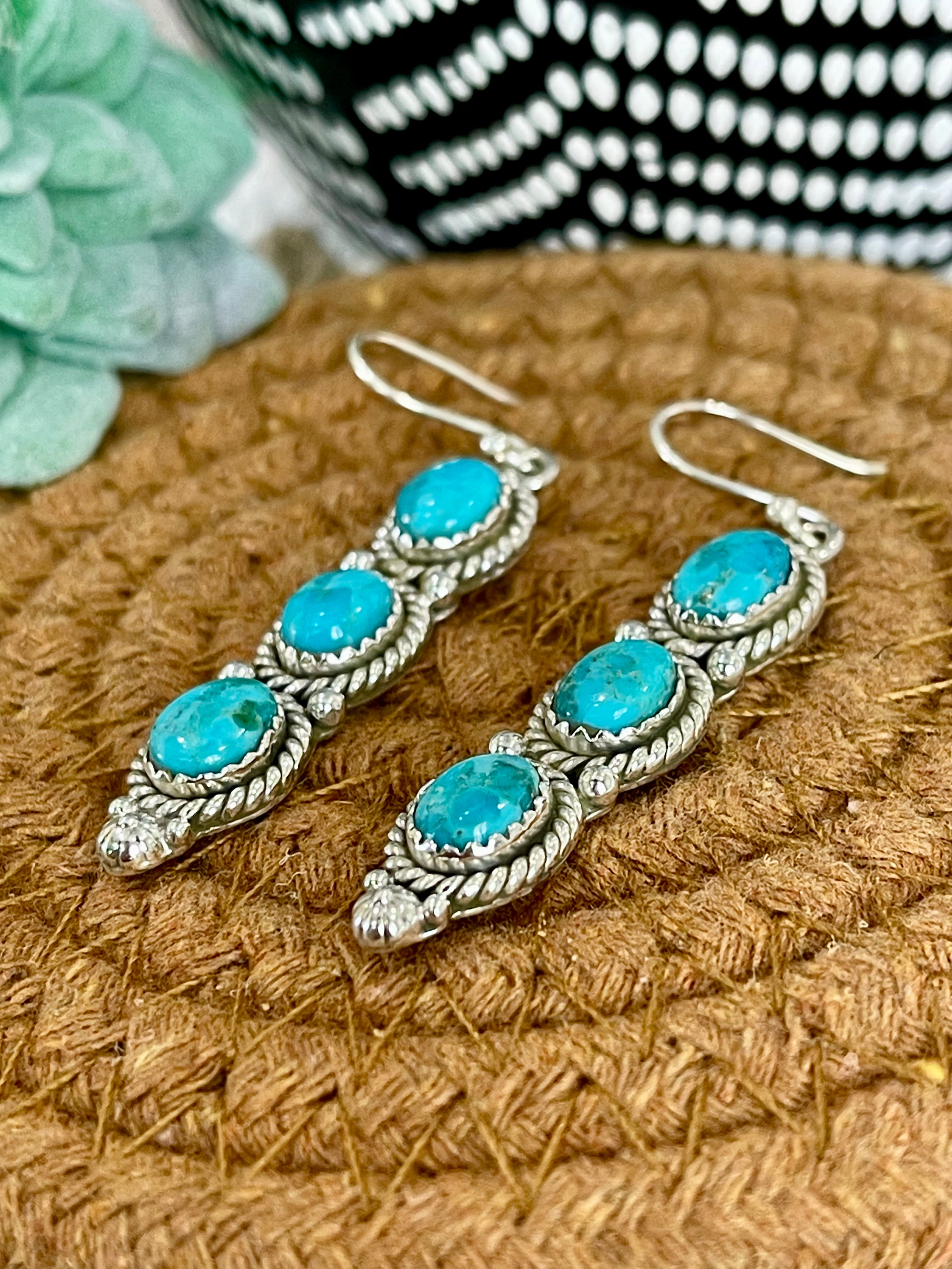 Southwest Handmade Kingman Turquoise & Sterling Silver Post Dangle 3 Stone Earrings