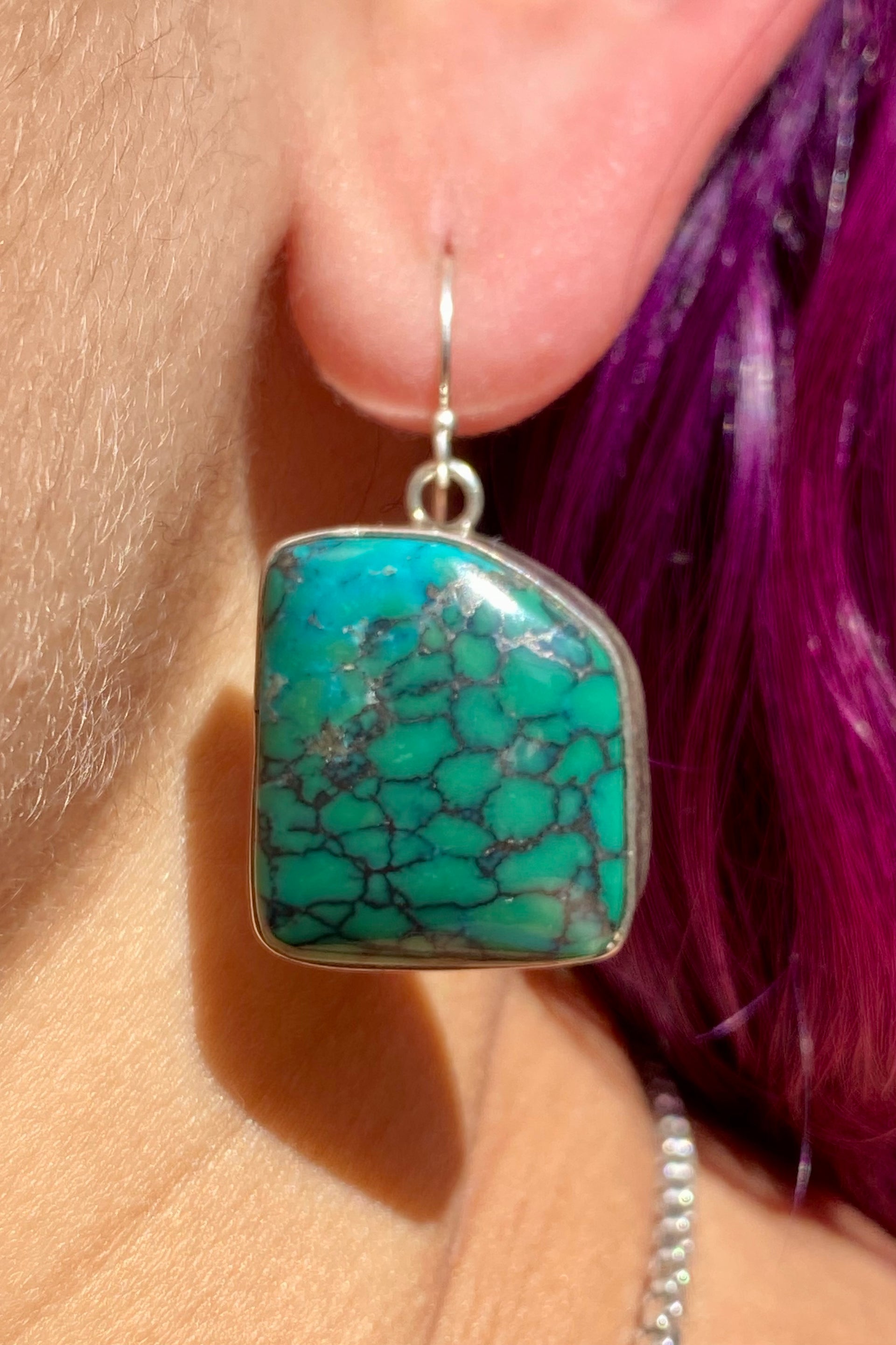 Navajo Made Hubei Turquoise & Sterling Silver Dangle Earrings