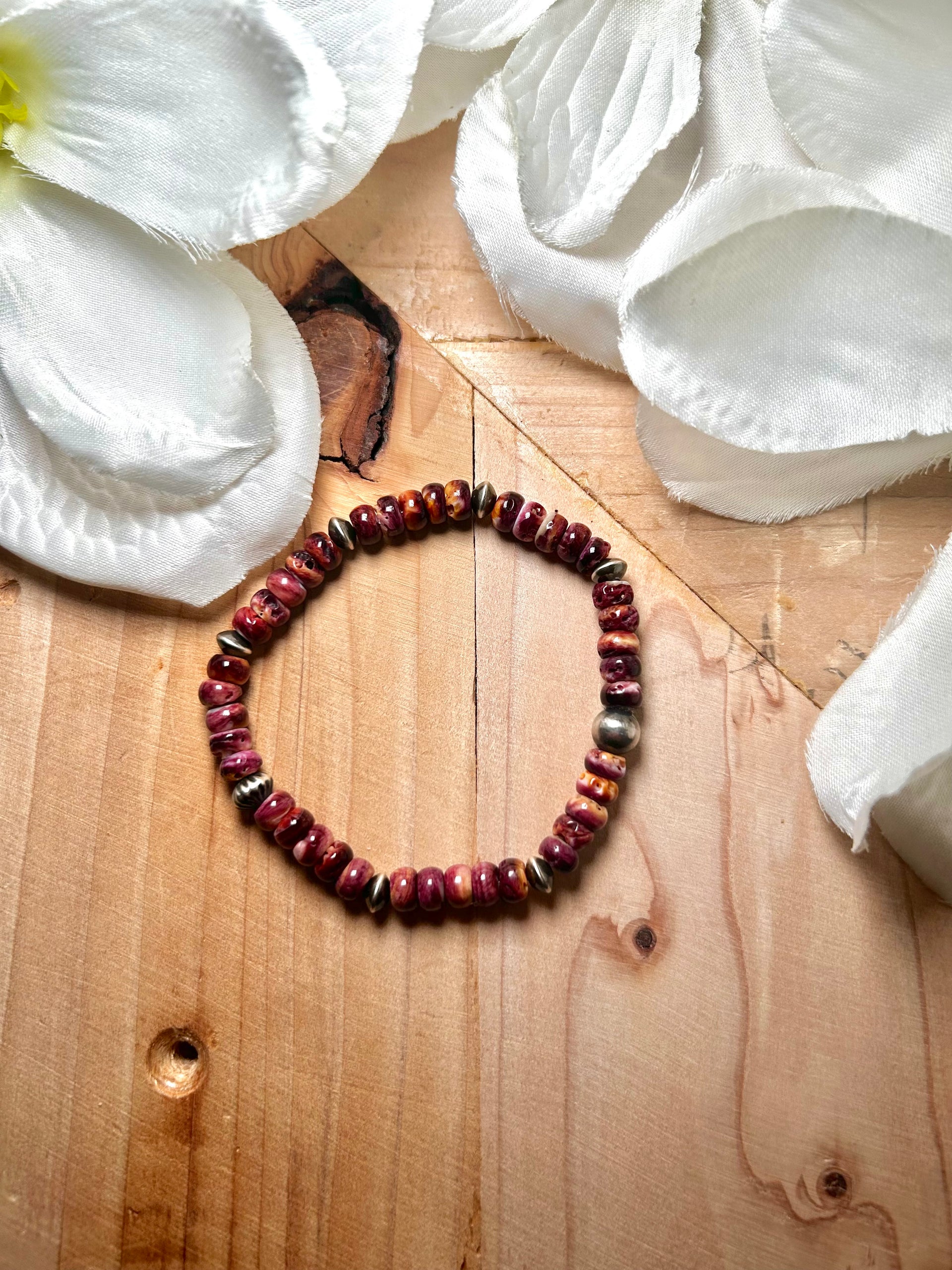 Mary Salazar Purple Spiny Oyster & Sterling Silver Strung Stretchy Bracelet