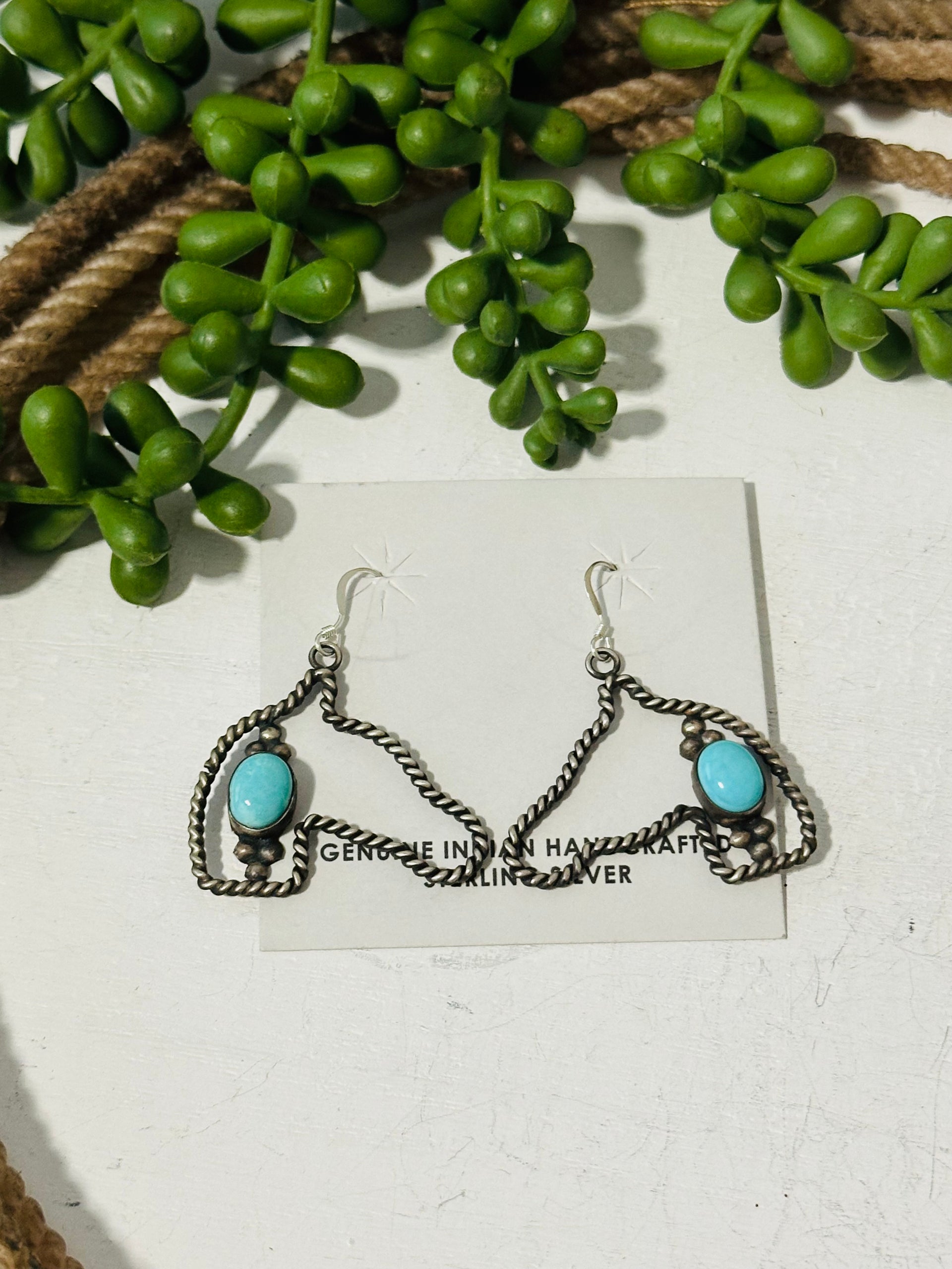 Navajo Made Kingman Turquoise & Sterling Silver Horse Dangle Earrings