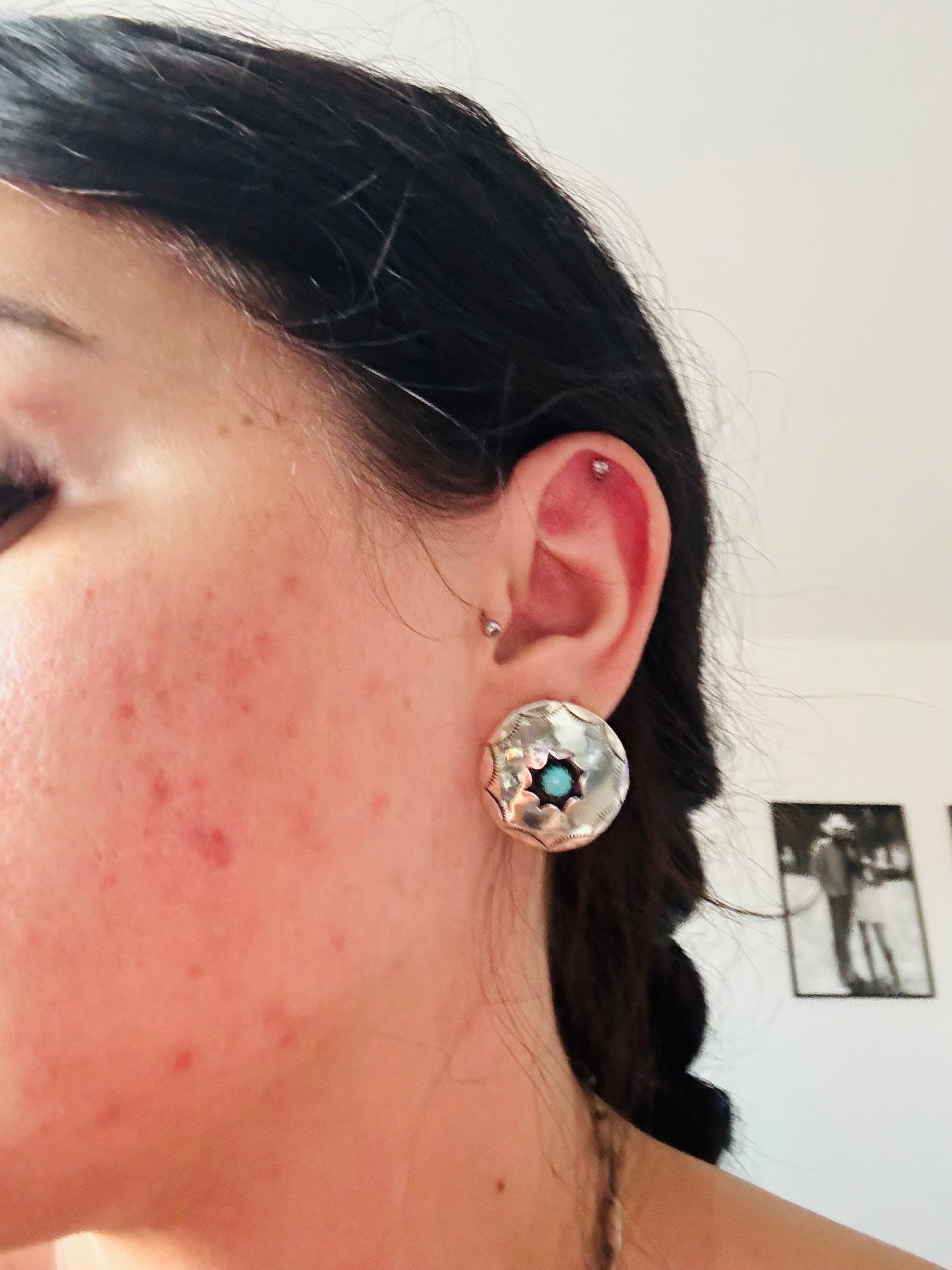 Navajo Made Kingman Turquoise & Sterling Silver Post Concho Shadowbox Earrings