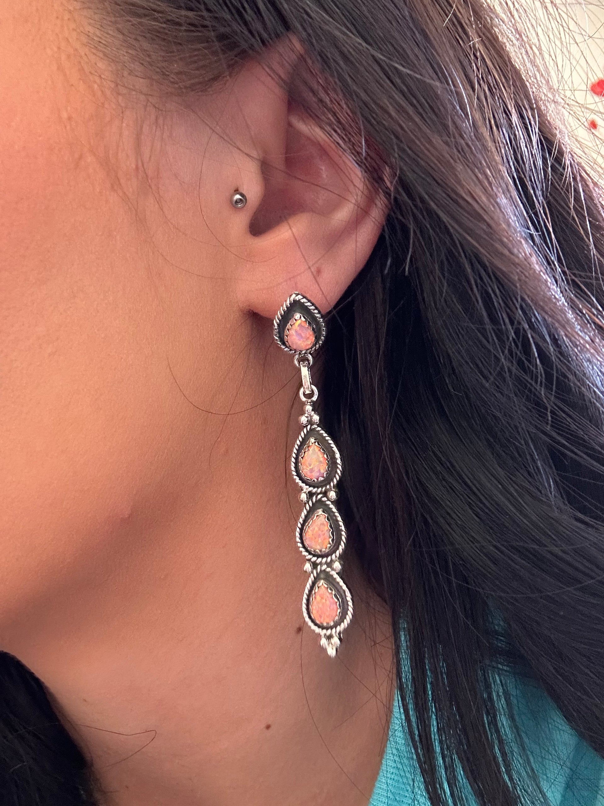 Southwest Handmade Pink Opal & Sterling Silver Post Dangle Earrings