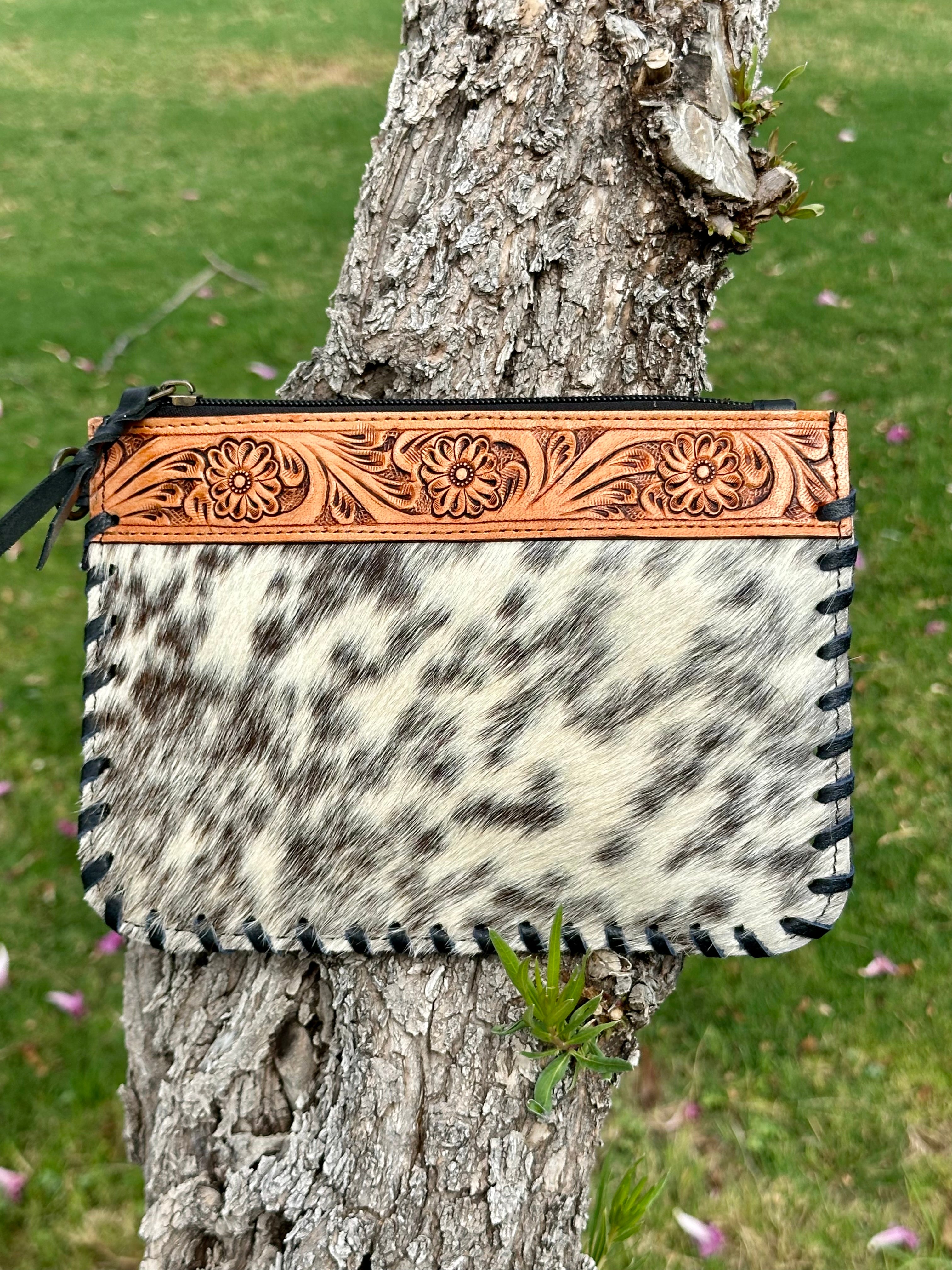 Genuine Tooled Leather Cowhide Wristlet Wallet