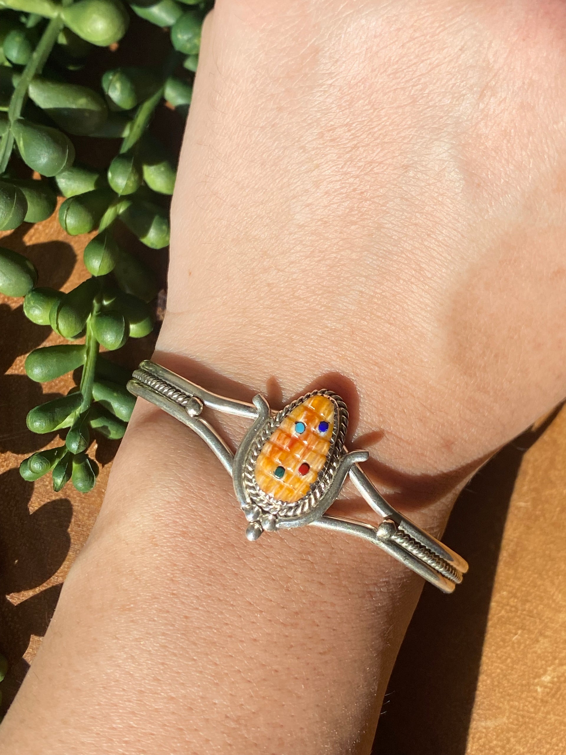 Zuni Handmade Multi Stone & Sterling Silver Corn Cuff Bracelet