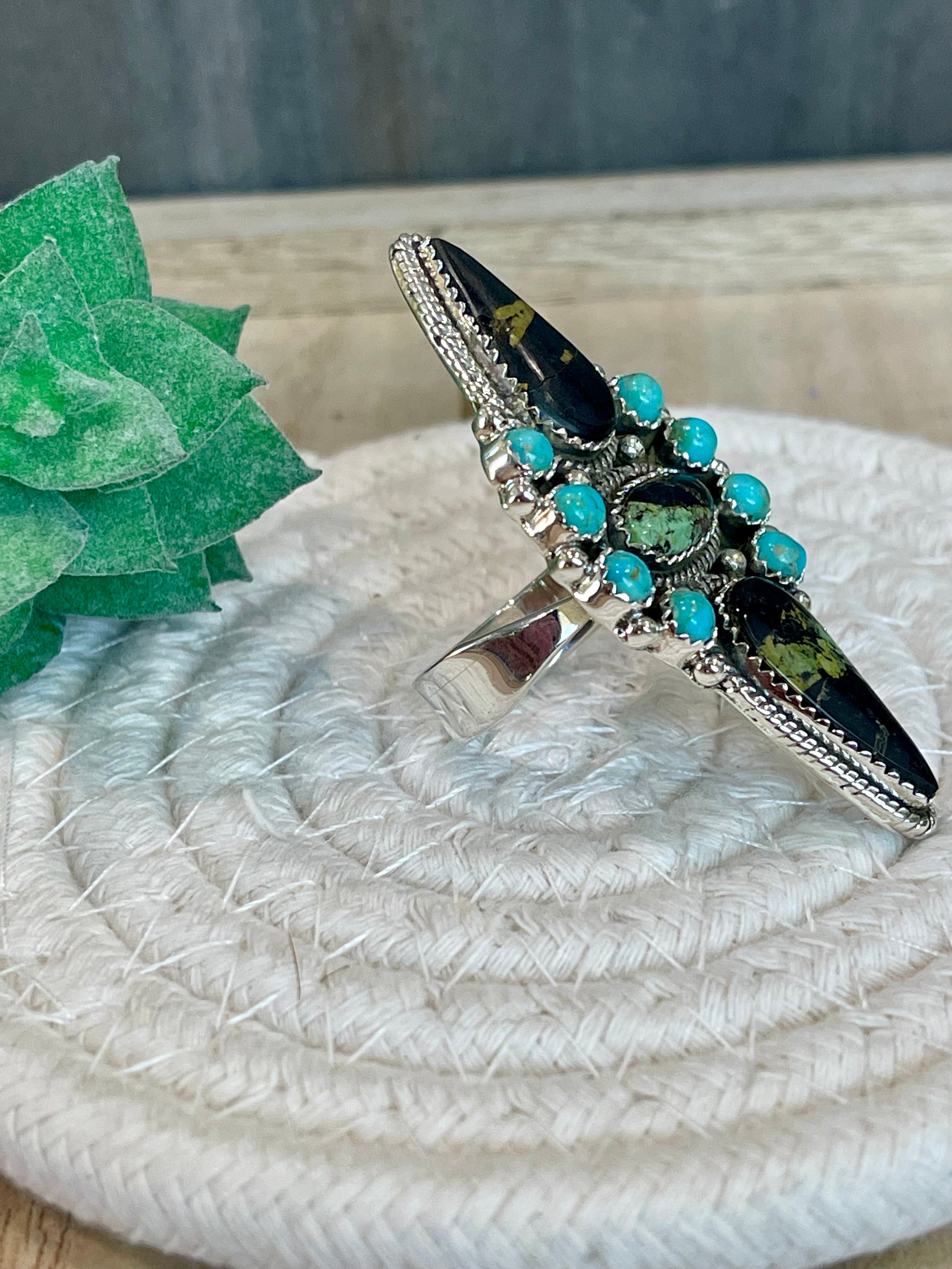 Southwest Handmade BlackJack Turquoise And Kingman Turquoise & Sterling Silver Adjustable Ring