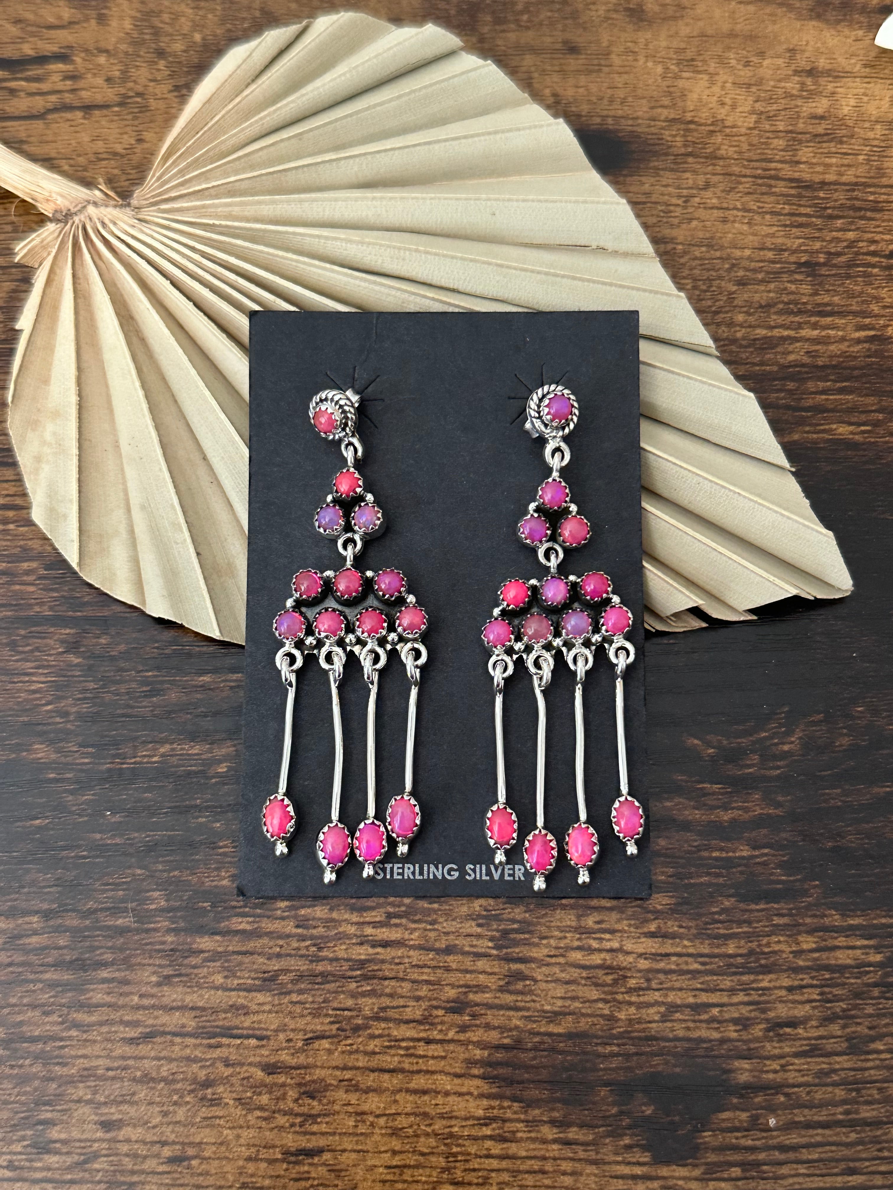 Southwest Handmade Hot Pink Opal & Sterling Silver Post Dangle Earrings