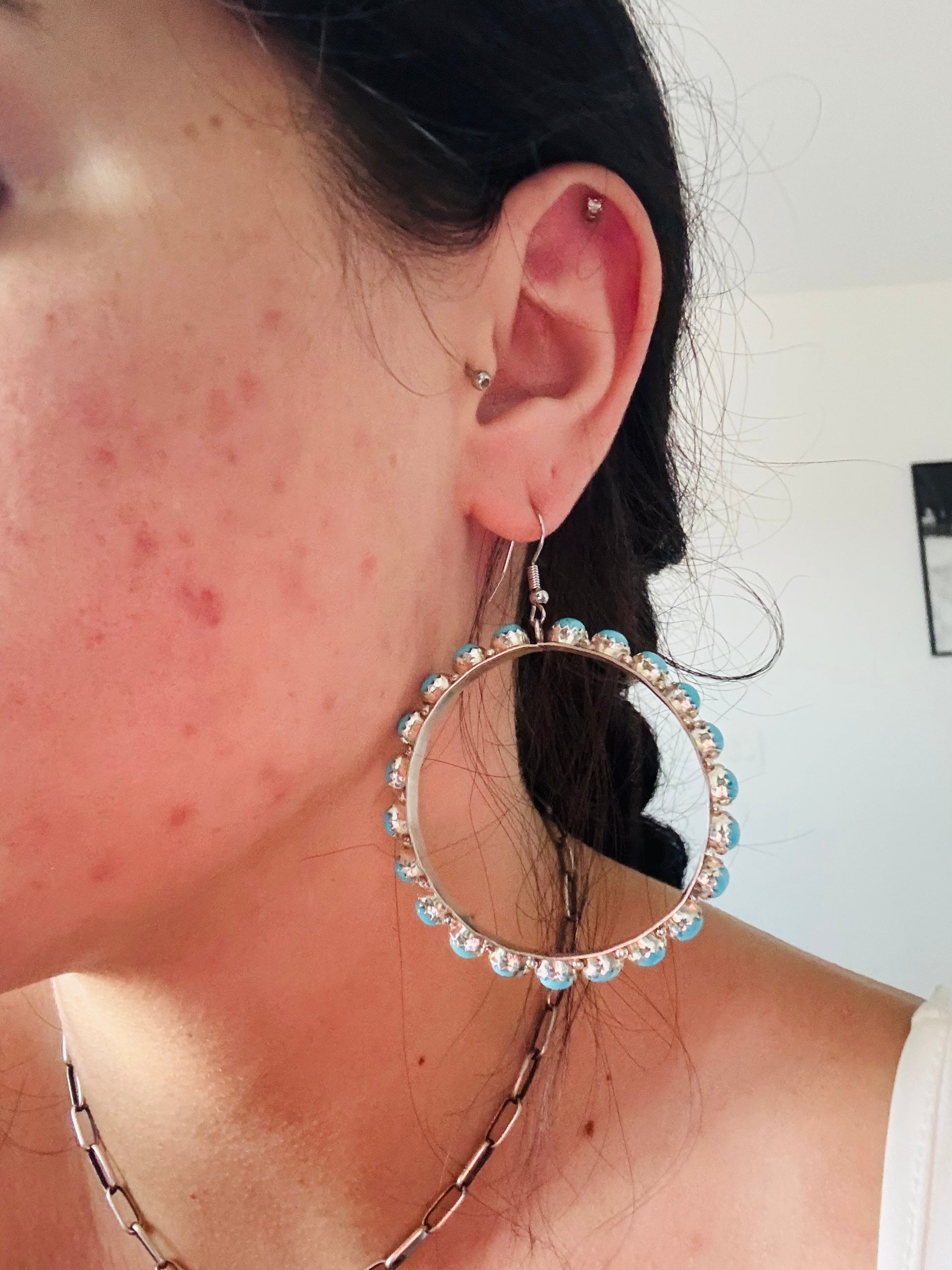 Navajo Made Sleeping Beauty Turquoise & Sterling Silver Dangle Earrings