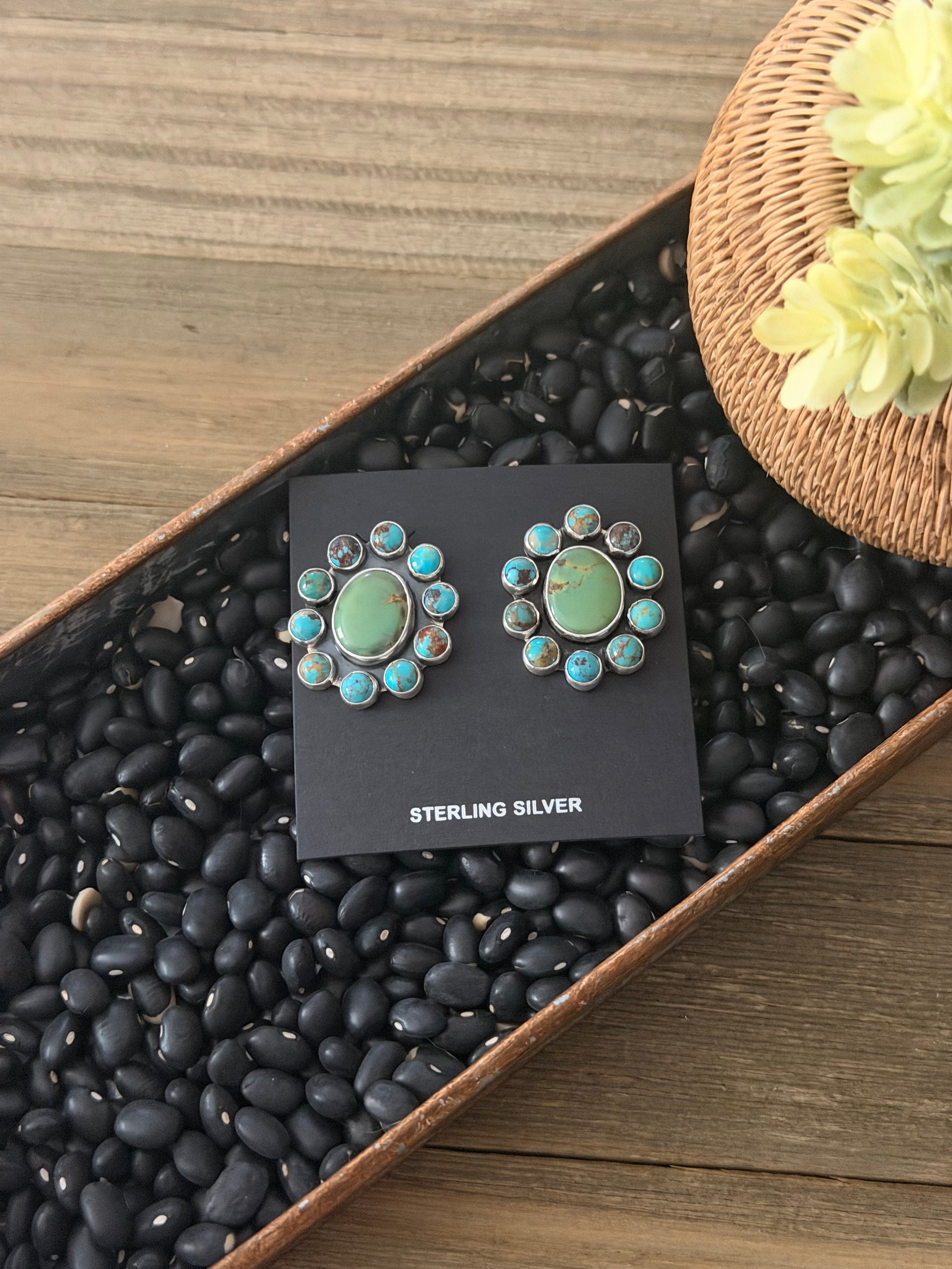 Navajo Made Red Skin Turquoise & Sterling Silver Post Dangle Cluster Earrings