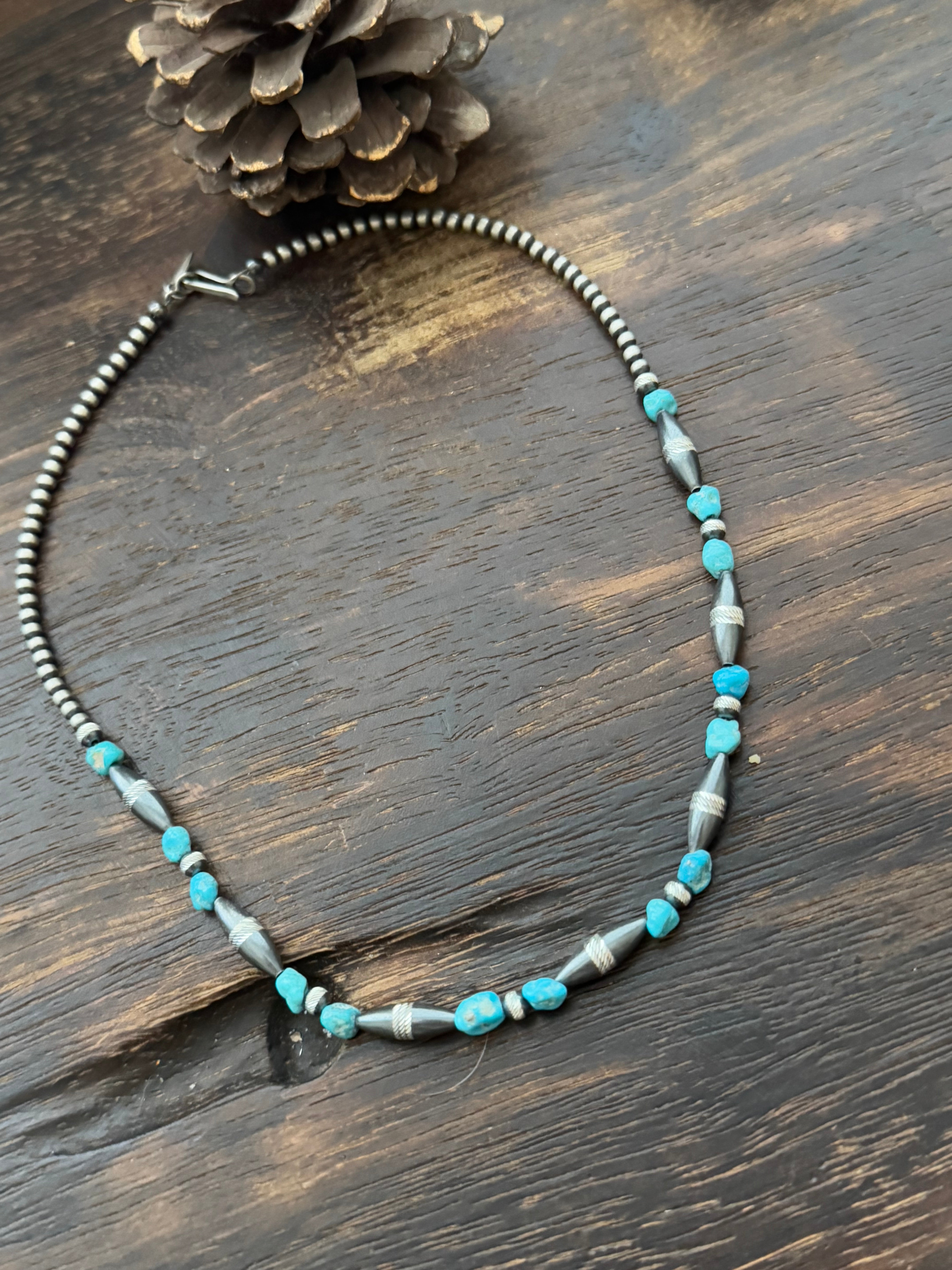 Navajo Strung Kingman Turquoise & Sterling Silver Beaded Necklace