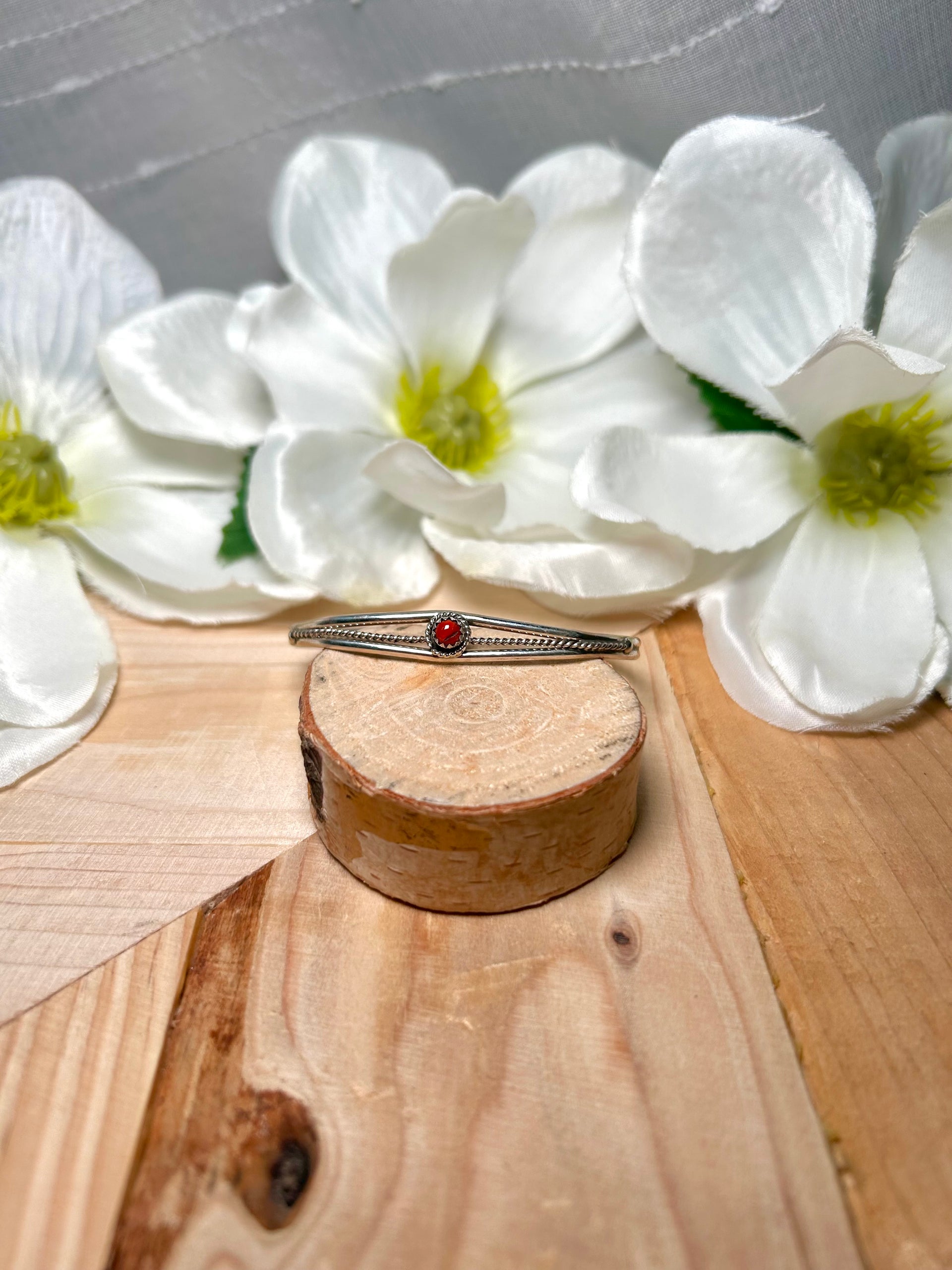 Navajo Made Red Coral & Sterling Silver Cuff Bracelet