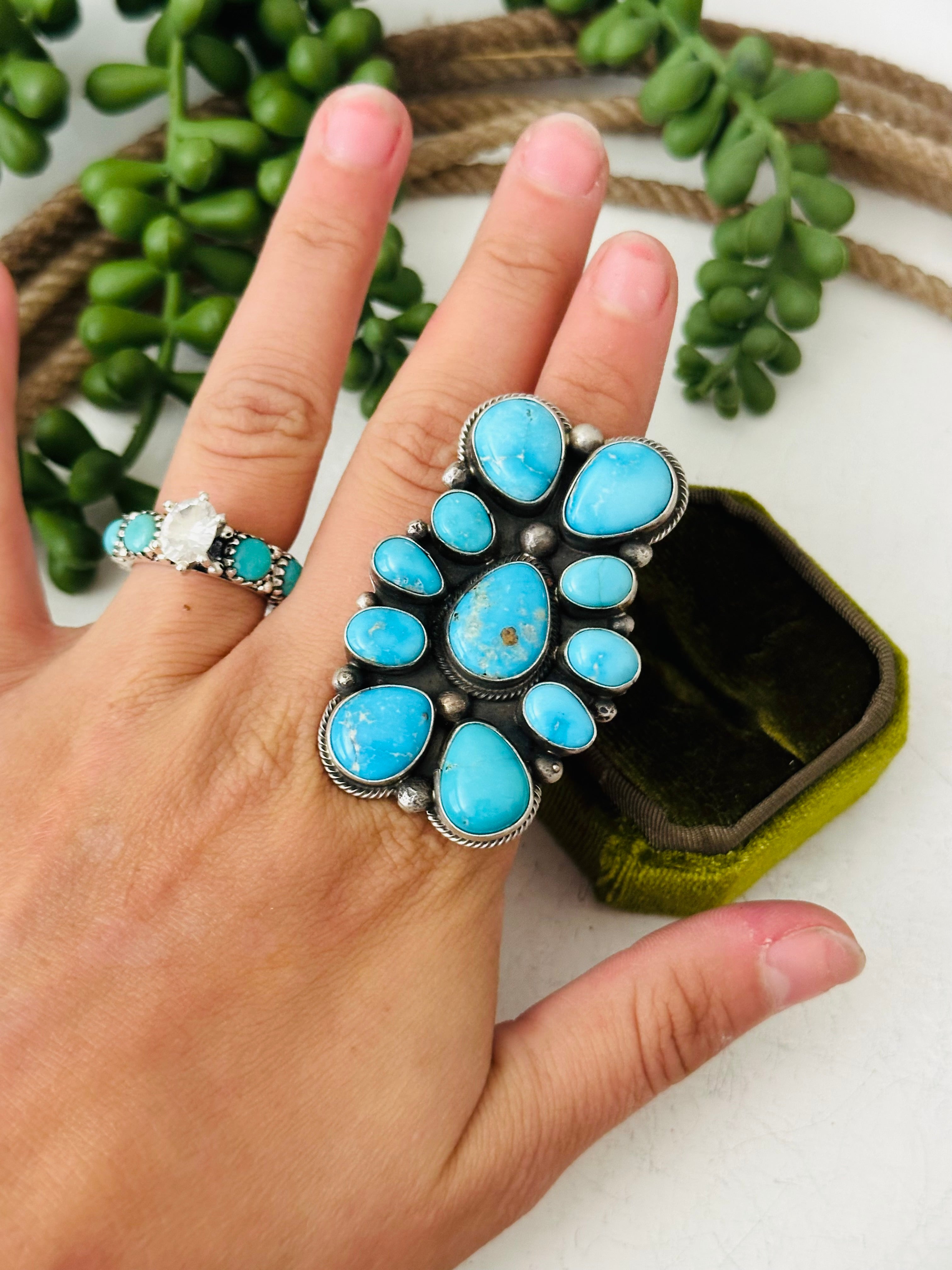 Sheila Tso Valley Blue Turquoise Sterling Silver Cluster Ring Size 8