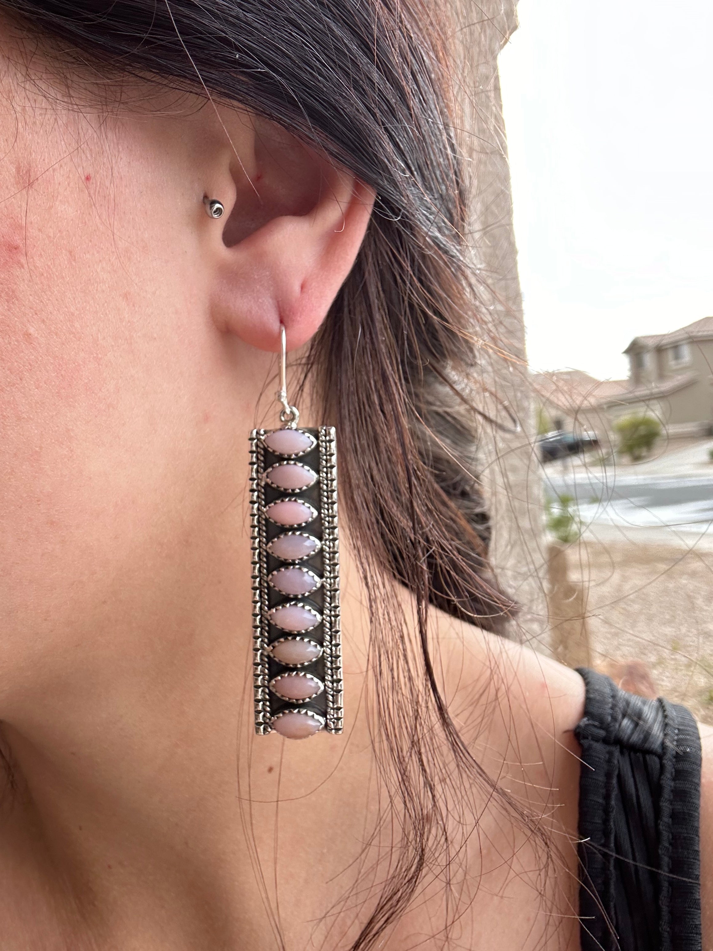 Southwest Handmade Peruvian Pink Opal & Sterling Silver Dangle Cluster Earrings