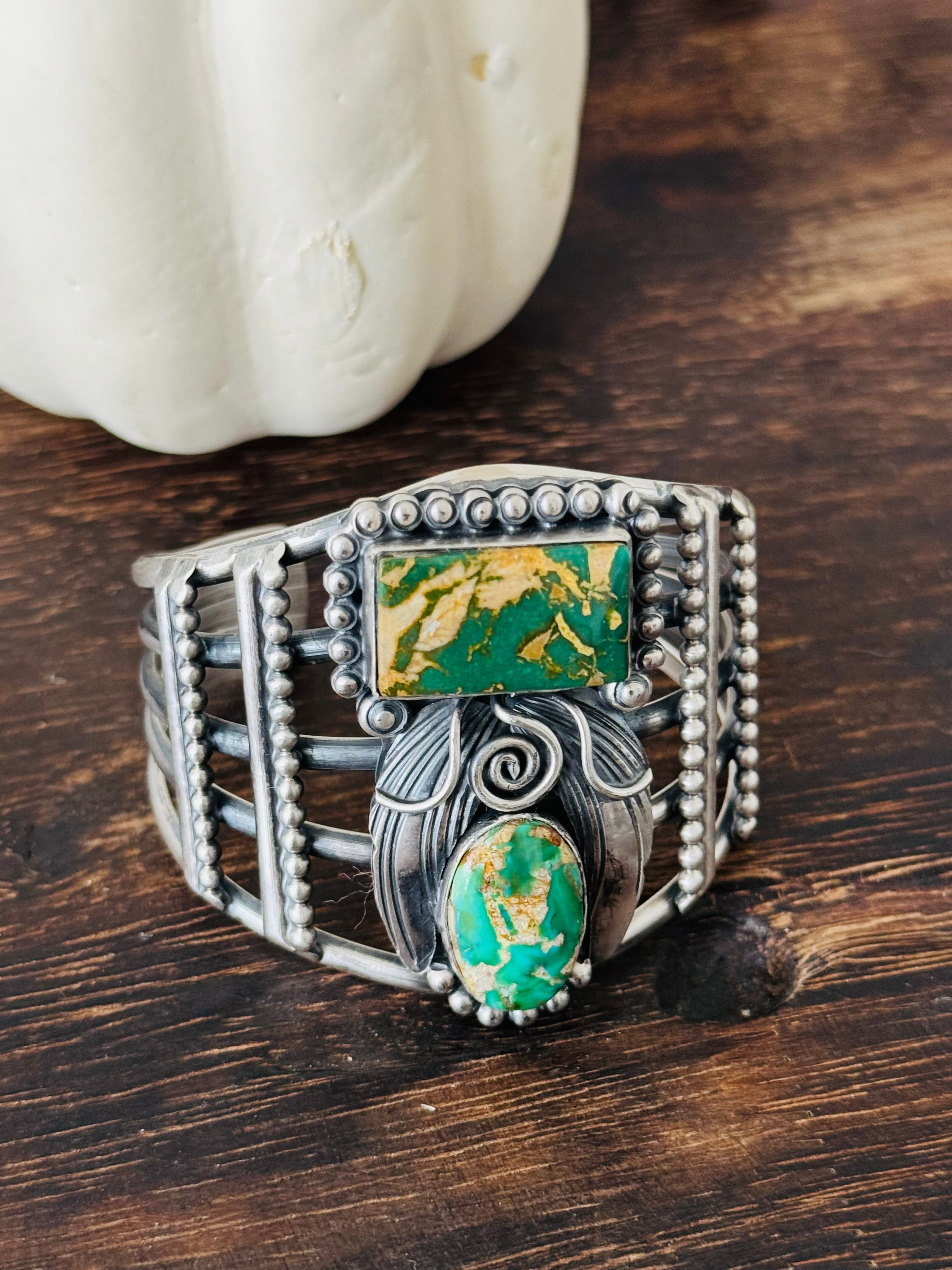 Navajo Made Green Royston Turquoise & Sterling Silver Cuff Bracelet