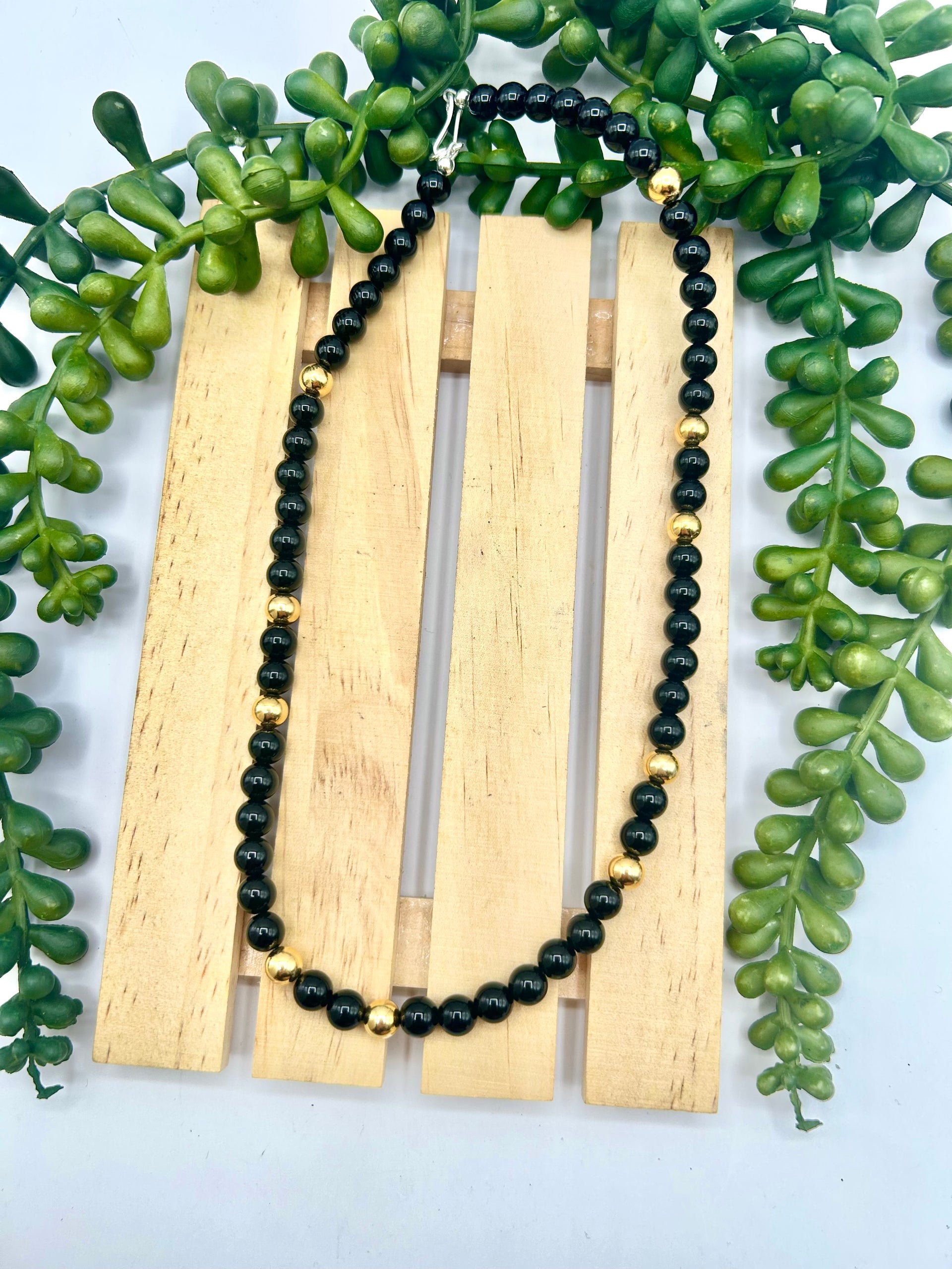 Navajo Made Strung Onyx & 14k Gold Plate Necklace