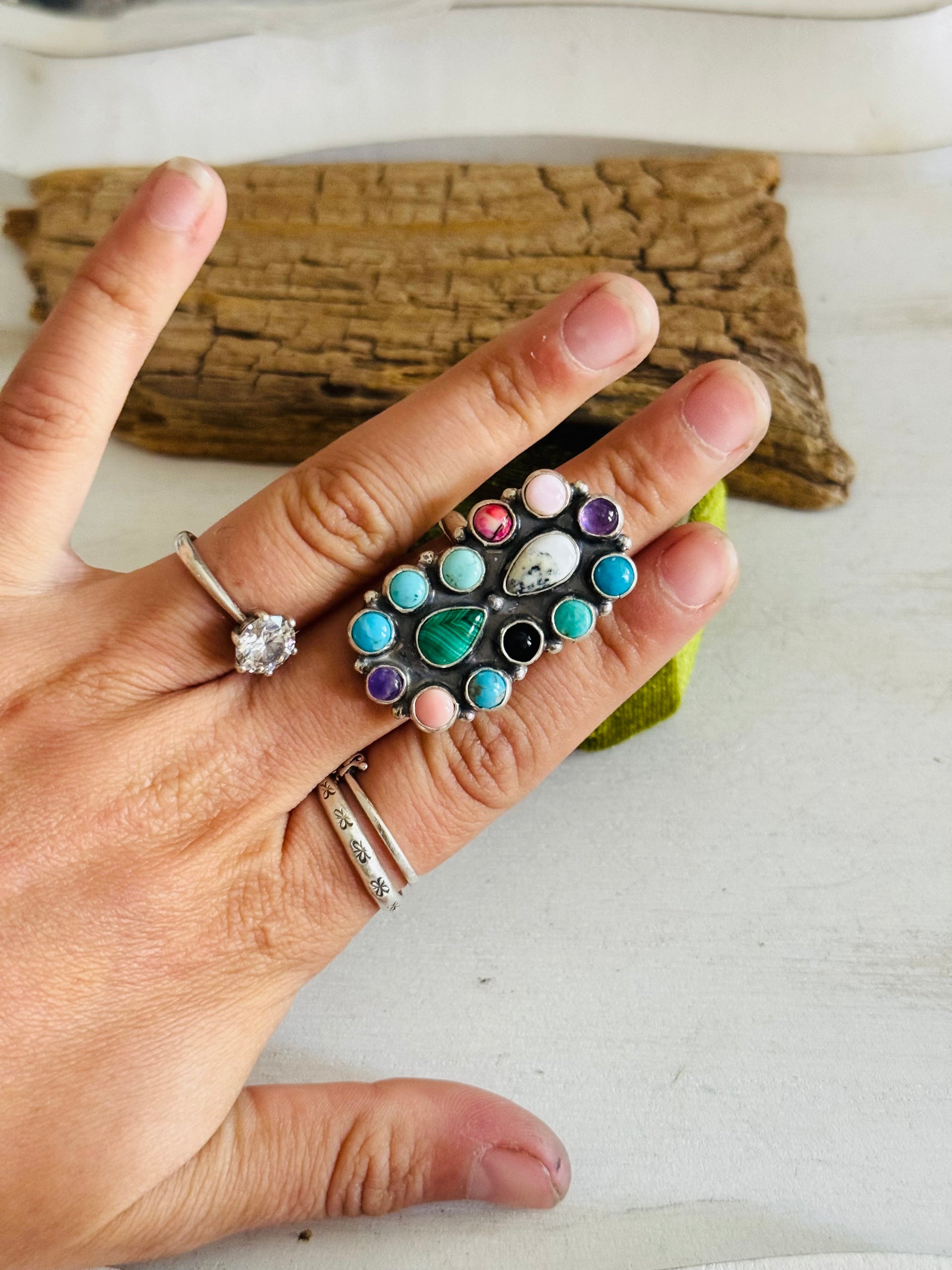Navajo Made Multi Stone & Sterling Silver Adjustable Ring