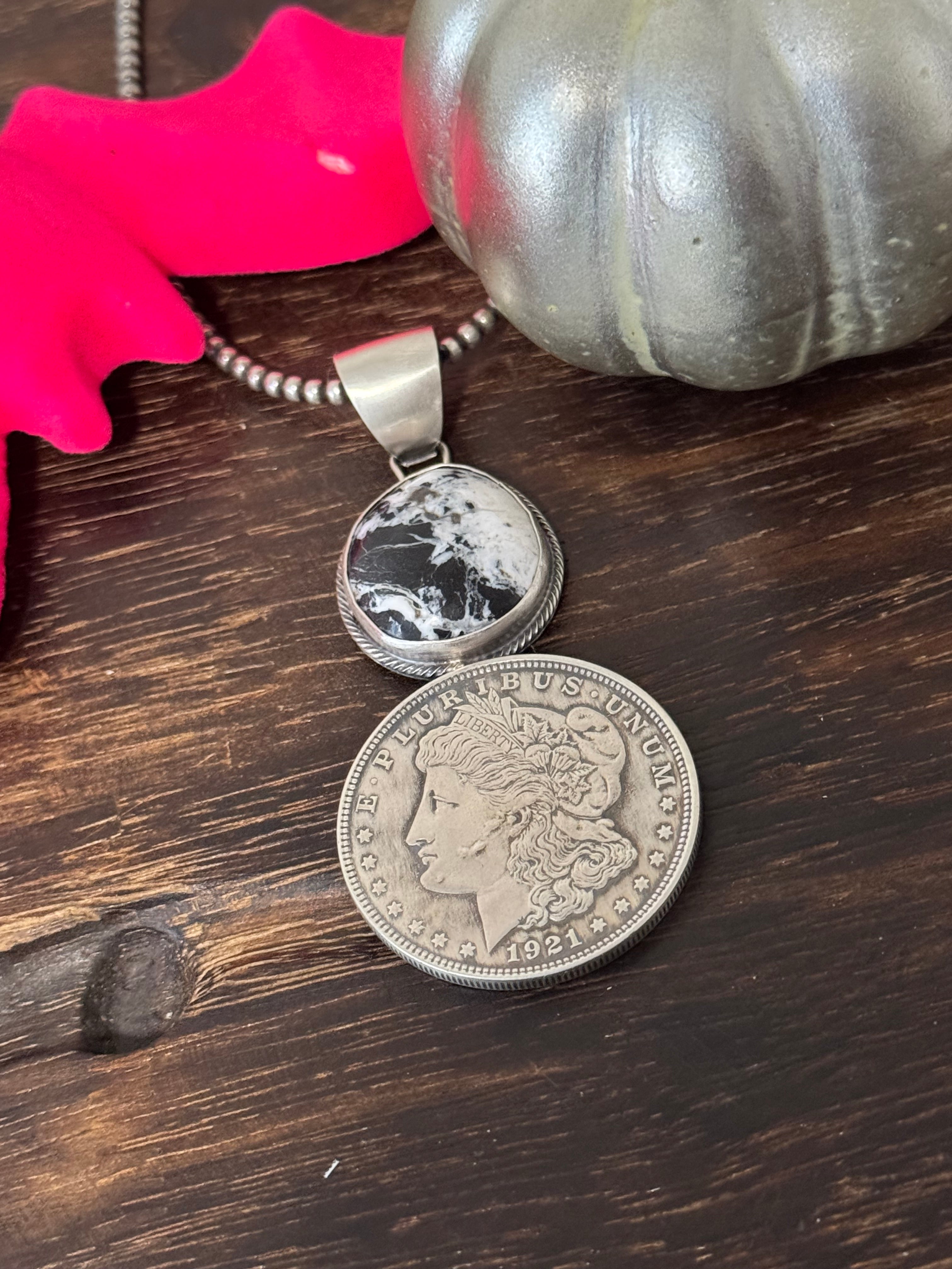 Sheila Tso White Buffalo & Sterling Silver Dollar Coin Pendant