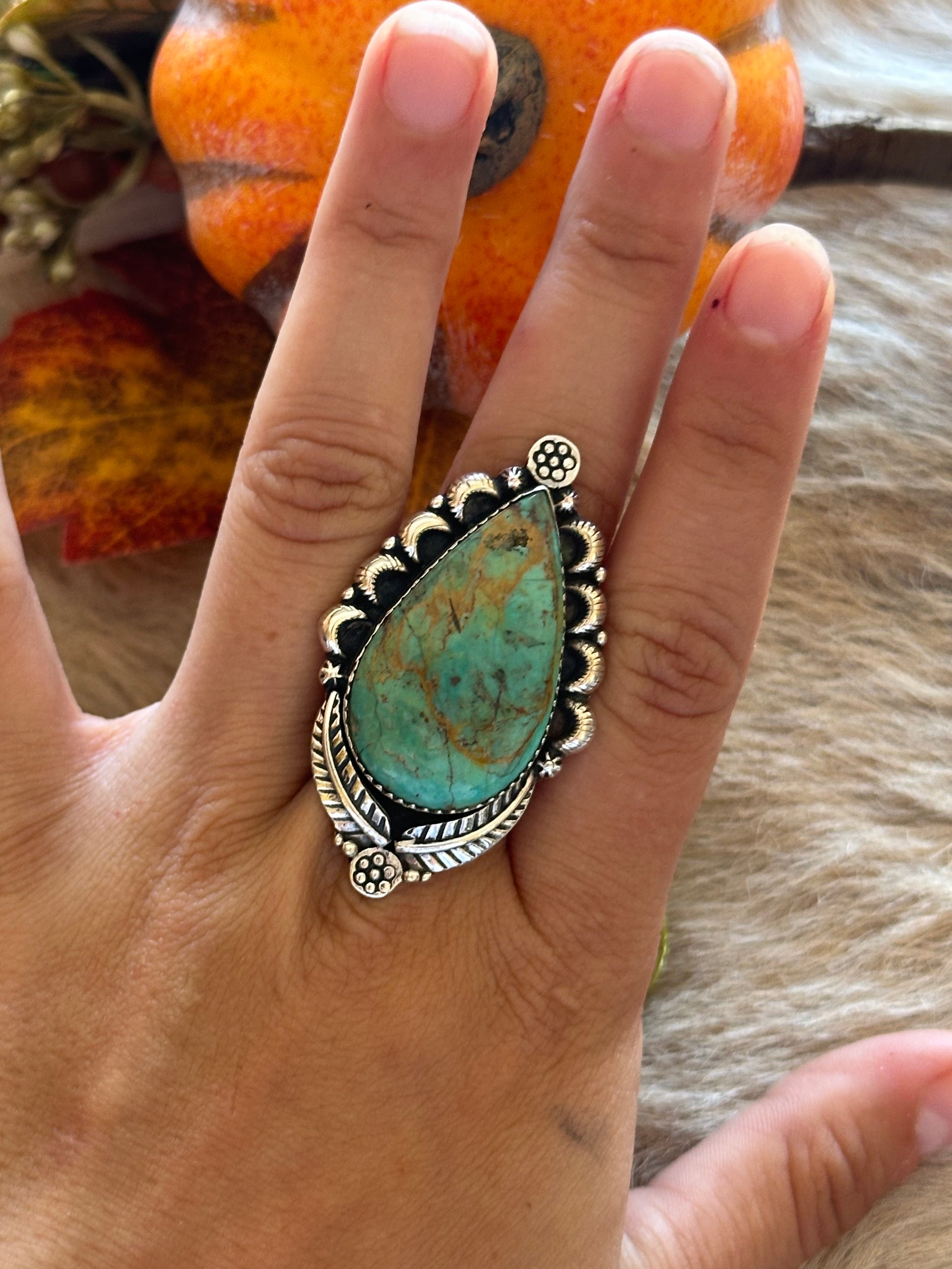 Southwest Handmade #8 Turquoise & Sterling Silver Adjustable Ring