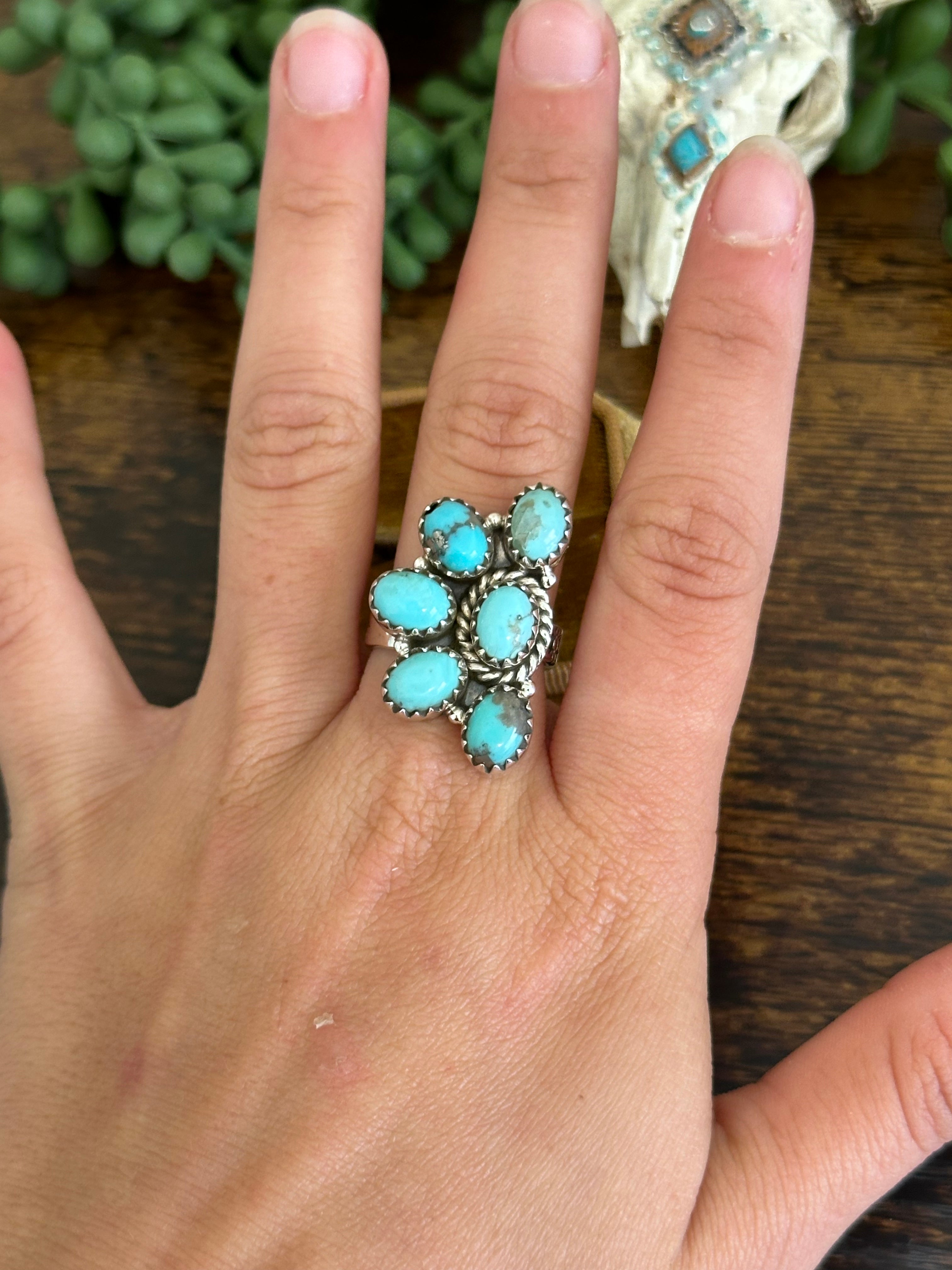 Southwest Handmade Kingman Turquoise & Sterling Silver Adjustable Cluster Ring