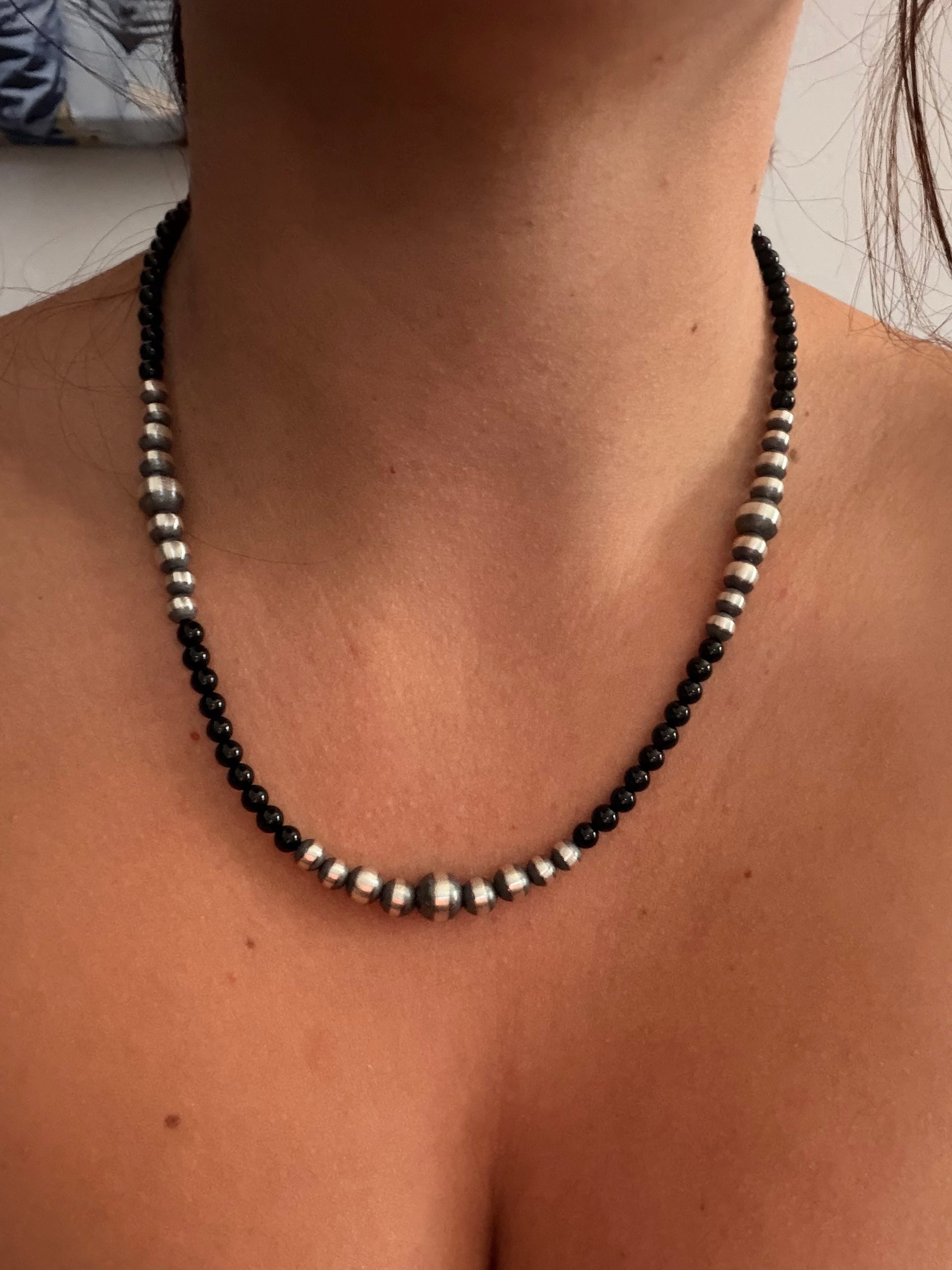 Navajo Strung Onyx & Sterling Silver Machine Made 18” Pearls Beaded Necklace