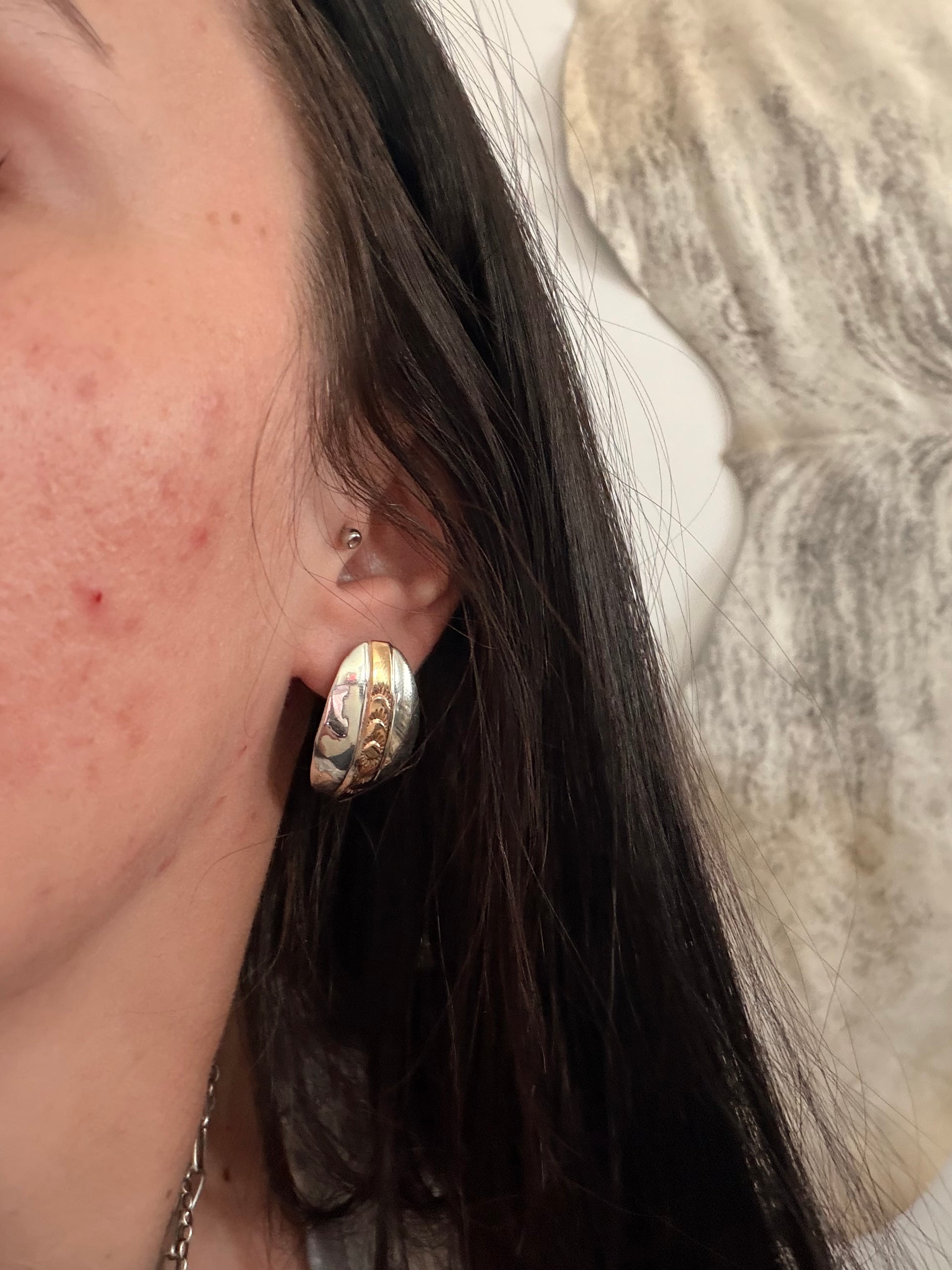 Navajo Made 14K Gold Fill & Sterling Silver Post Hoop Earrings