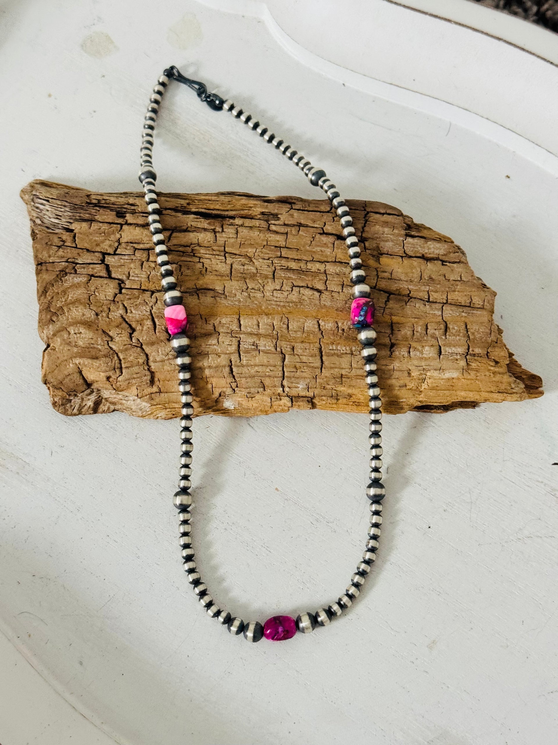 Navajo Strung Pink Mohave Turquoise & Sterling Silver Graduated Pearl Necklace