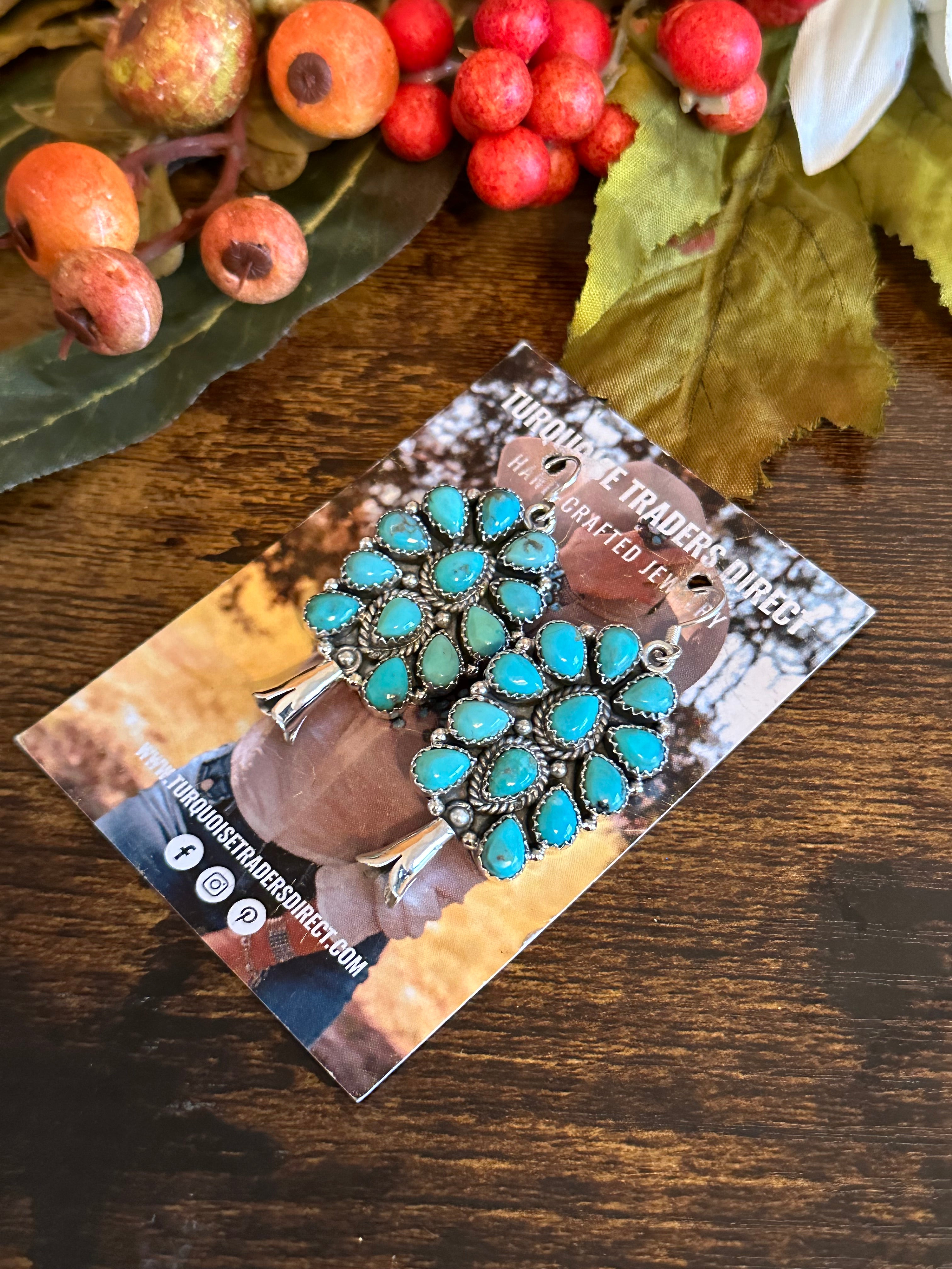 Southwest Handmade Kingman Turquoise& Sterling Silver Dangle Cluster Earrings