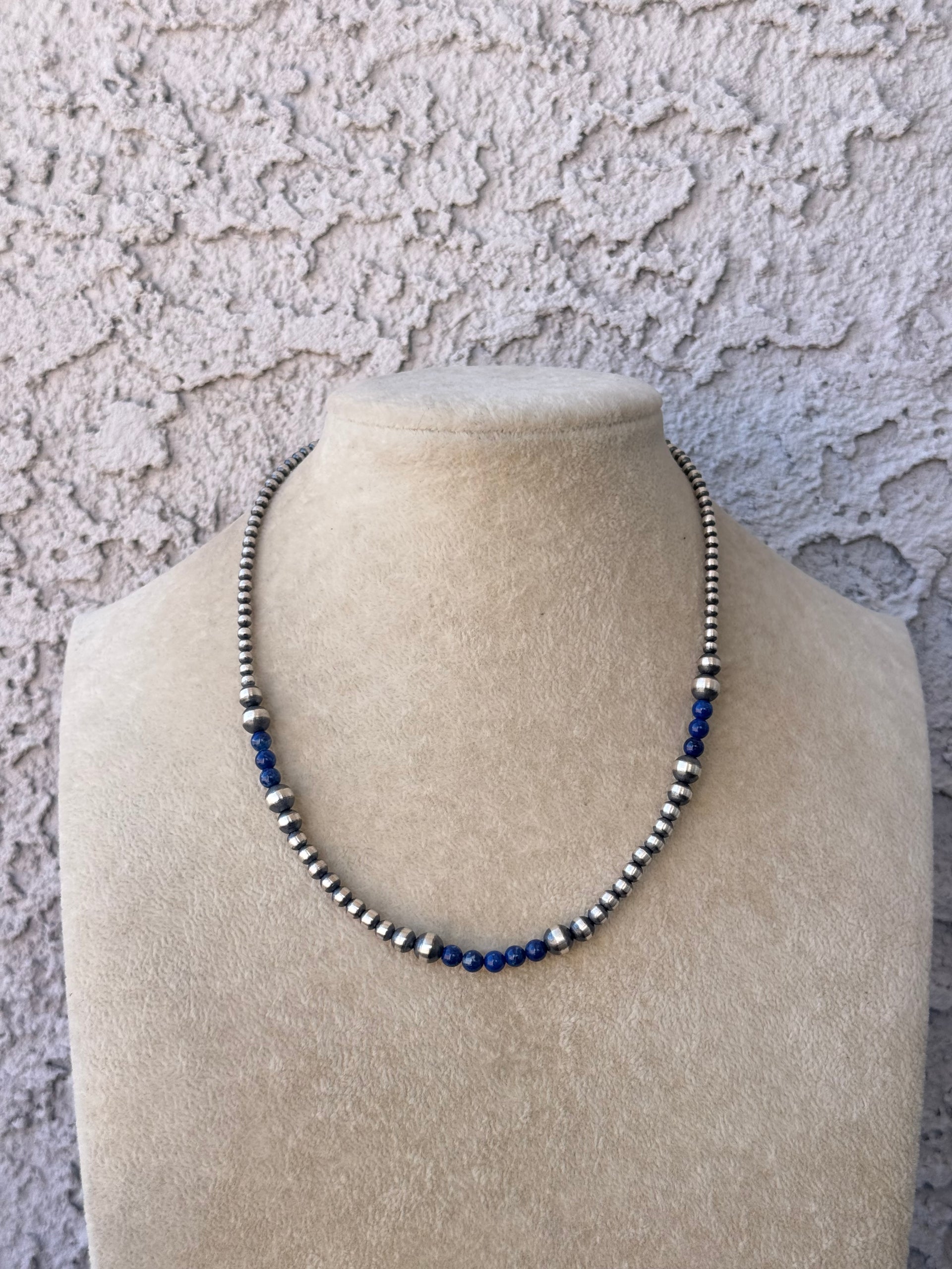 Navajo Strung Lapis & Sterling Silver Graduated Pearl Necklace
