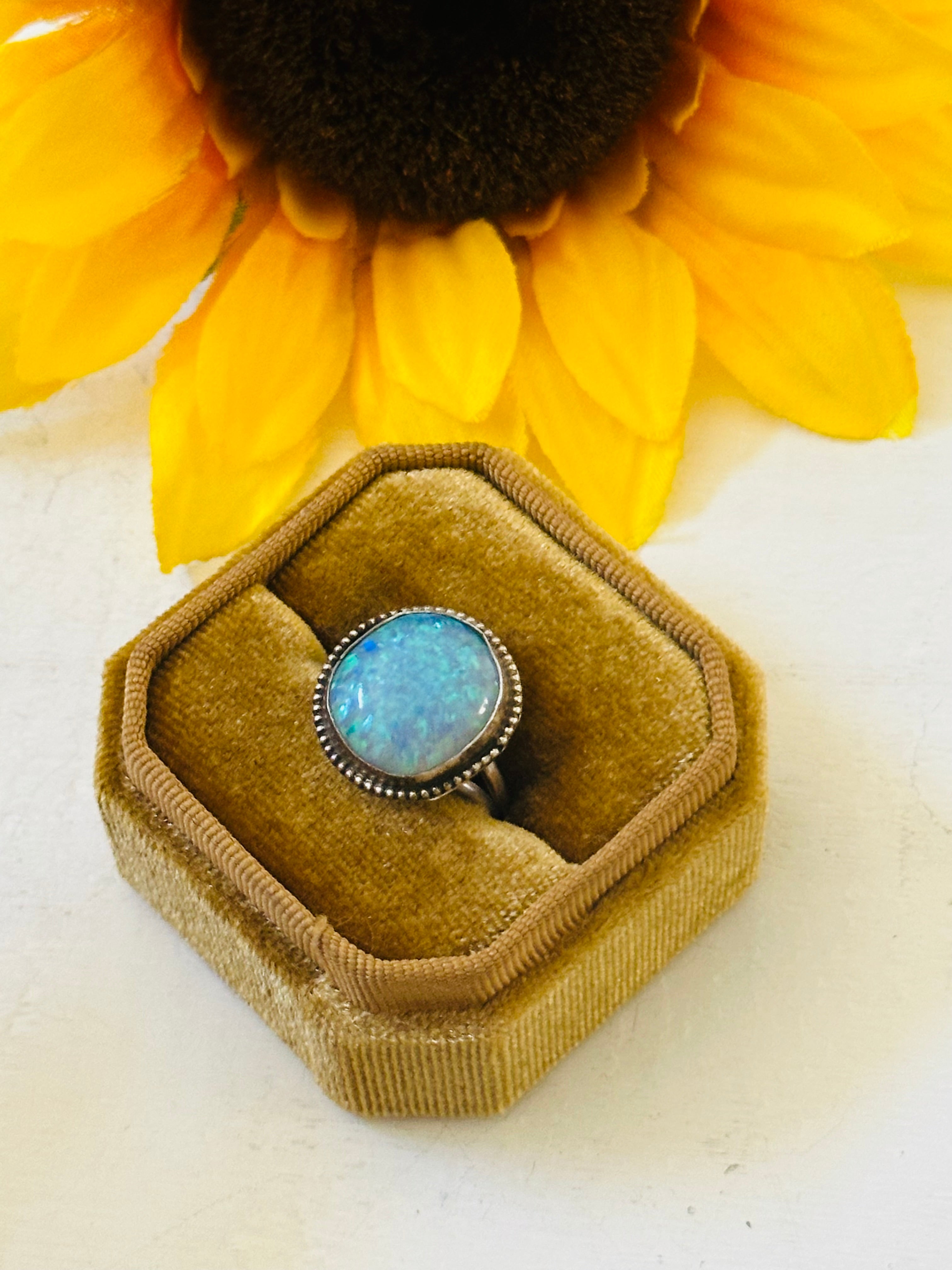 Navajo Made Blue Opal & Sterling Silver Ring Size 6.5