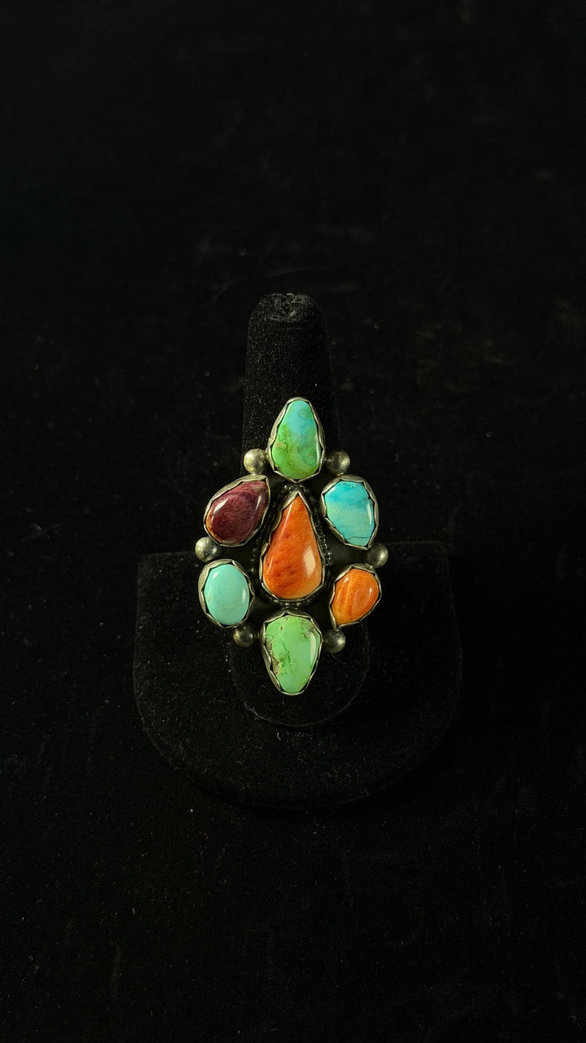 Navajo Made Multi Stone & Sterling Silver Cluster Ring Size 10.5