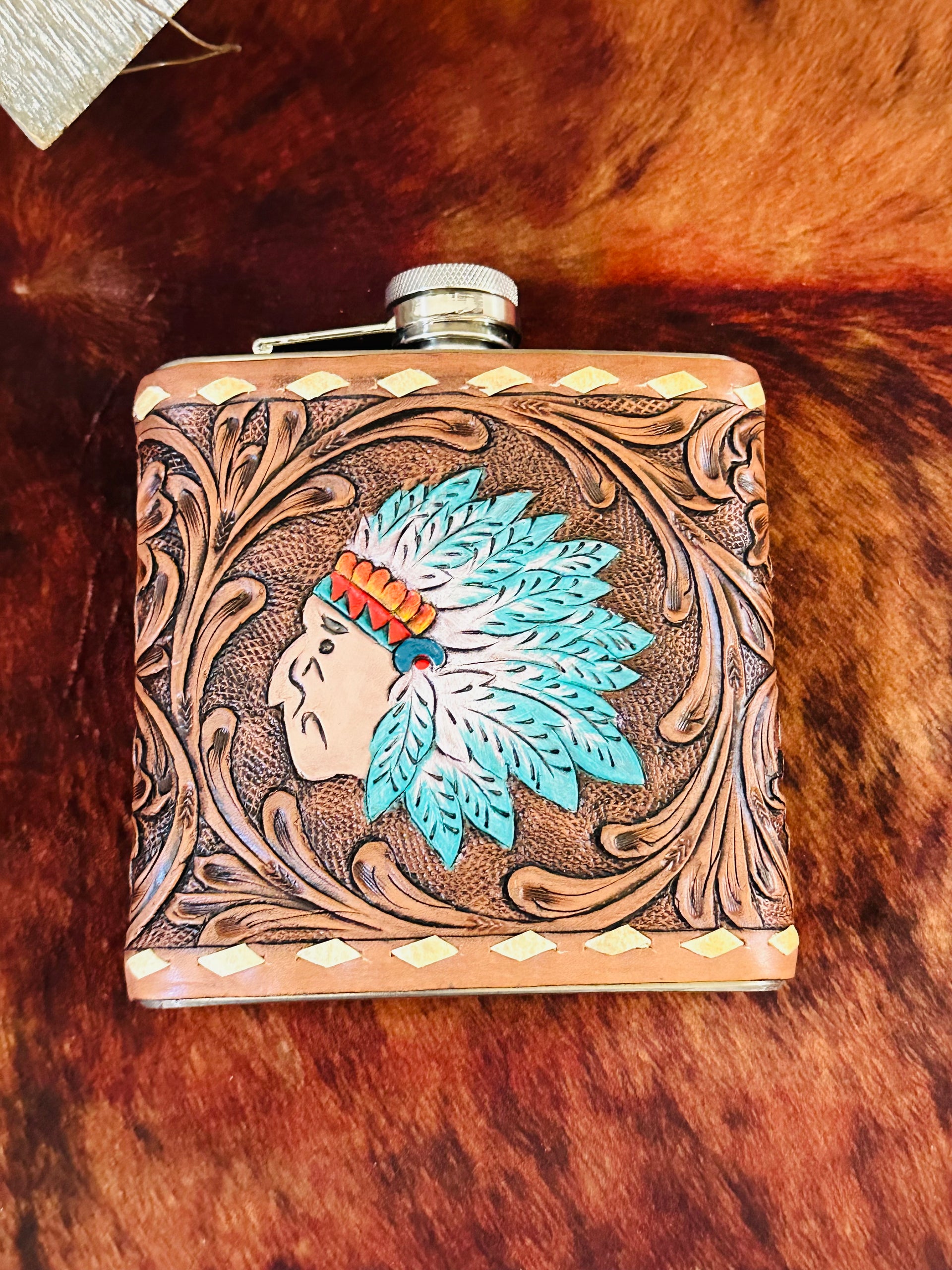 Genuine Tooled Leather 16 oz Flask