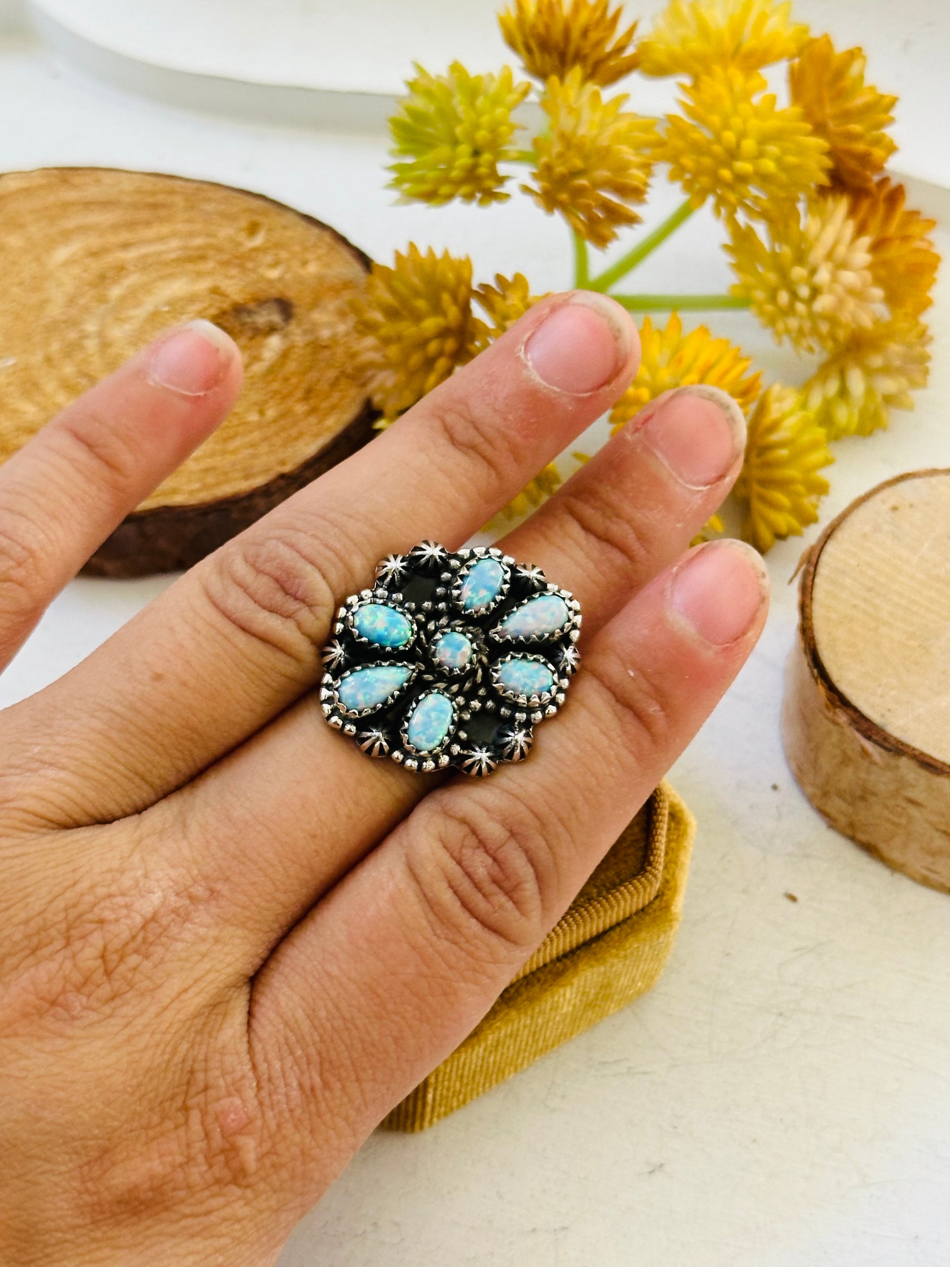 TTD “Sky Cascade” Blue Opal & Sterling Silver Adjustable Cluster Ring