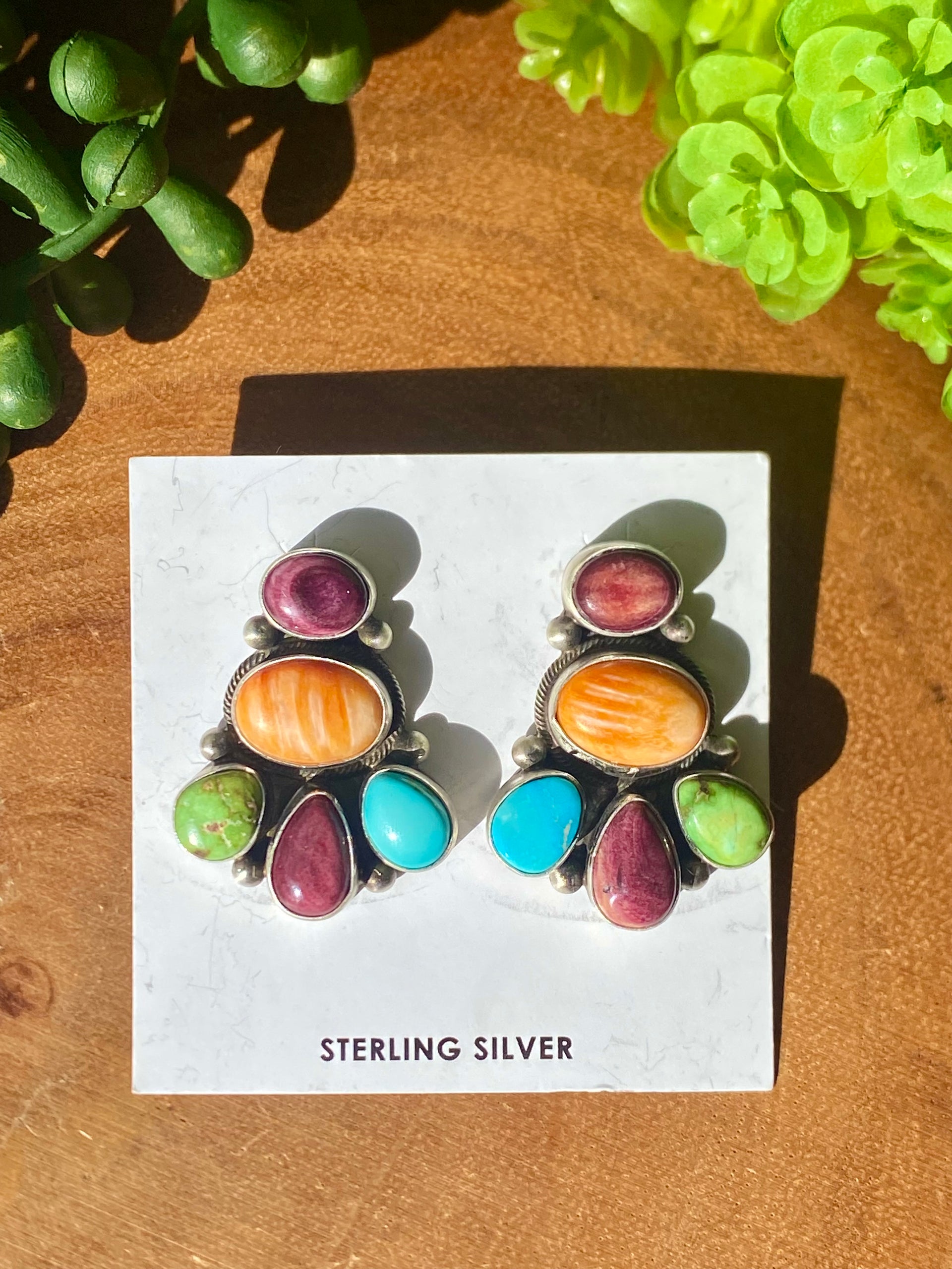 Navajo Handmade Multi Stone & Sterling Silver Post Earrings