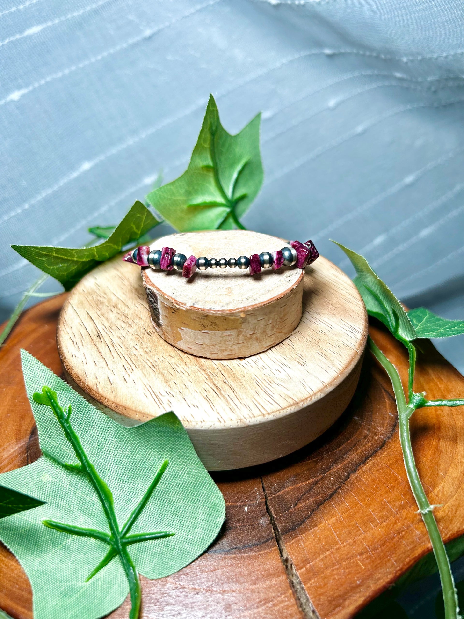 Navajo Made Strung Purple Spiny Oyster & Sterling Silver Beaded Bracelet