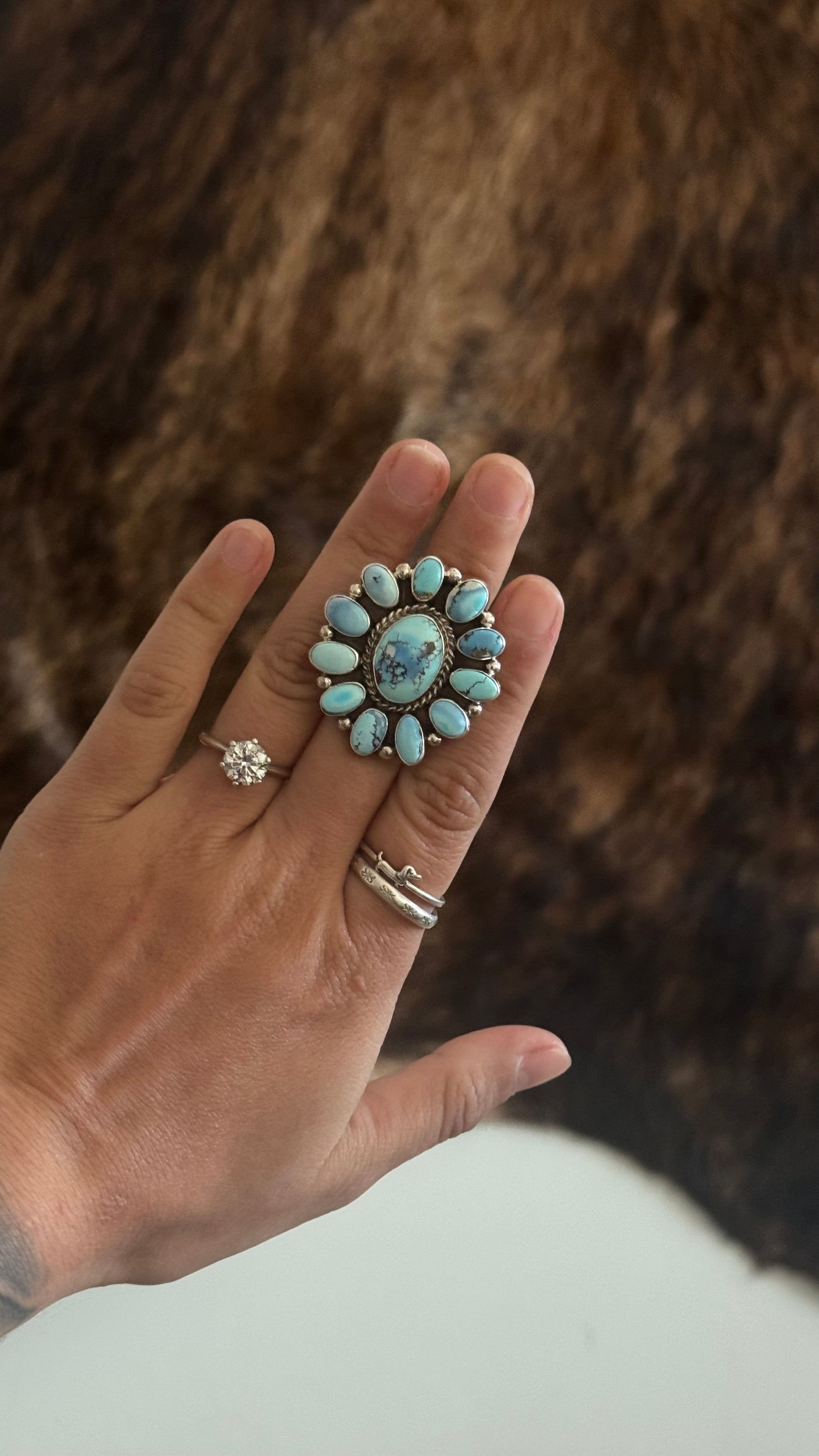 Navajo Made Golden Hill Turquoise & Sterling Silver Cluster Ring Size 6.5