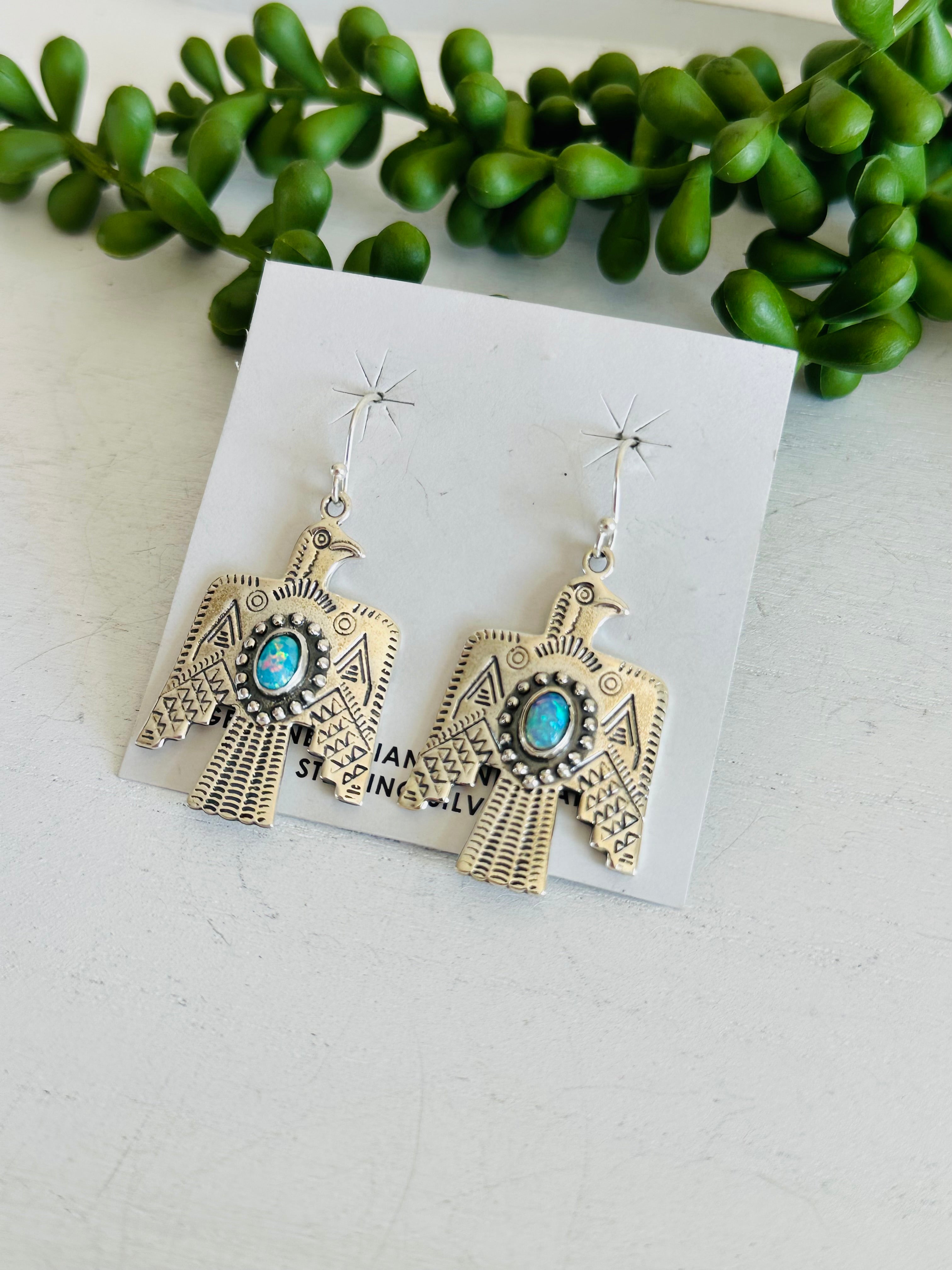 Southwest Handmade Opal & Sterling Silver Dangle Thunderbird Earrings