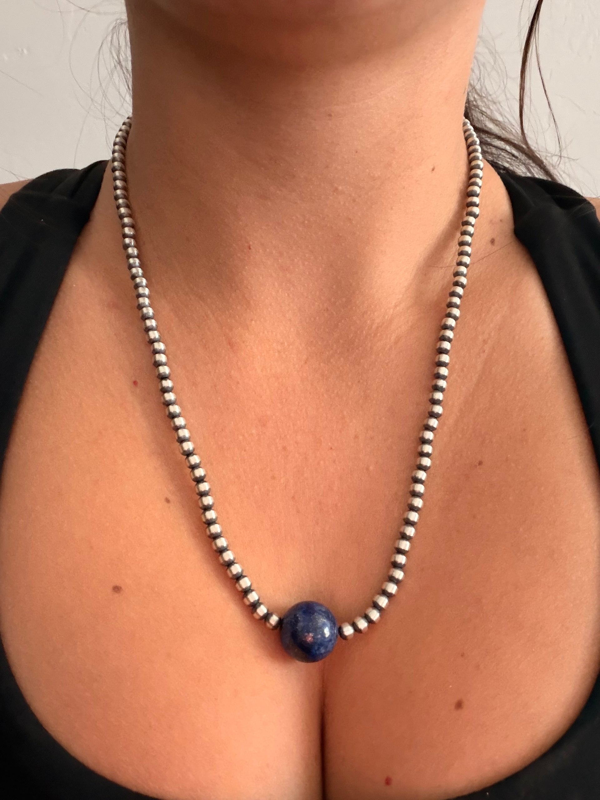 Navajo Strung Lapis & Sterling Silver 20” Pearls Beaded Necklace