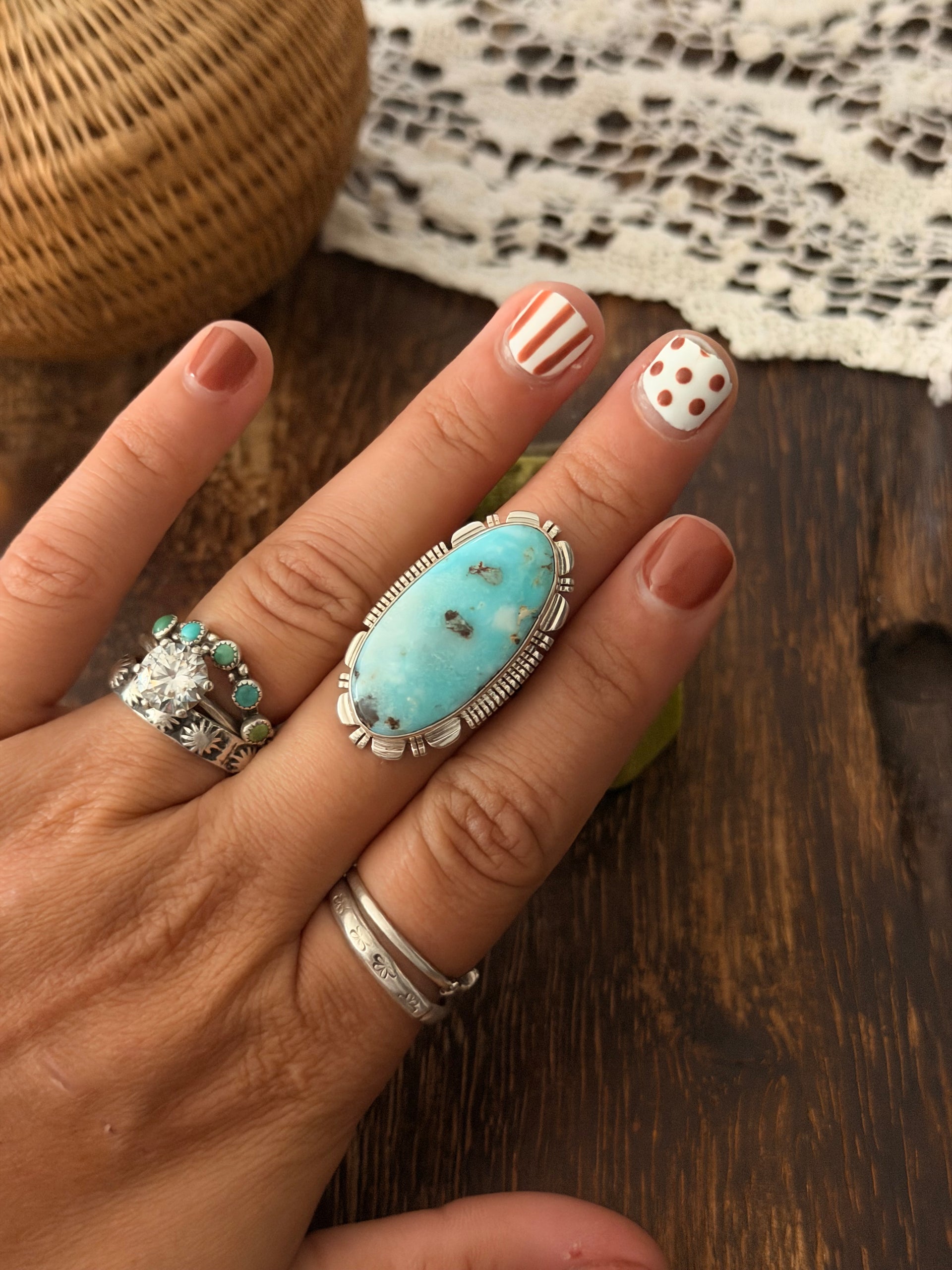 Larry Yazzie Dry Creek Turquoise & Sterling Silver Ring Size 6.75