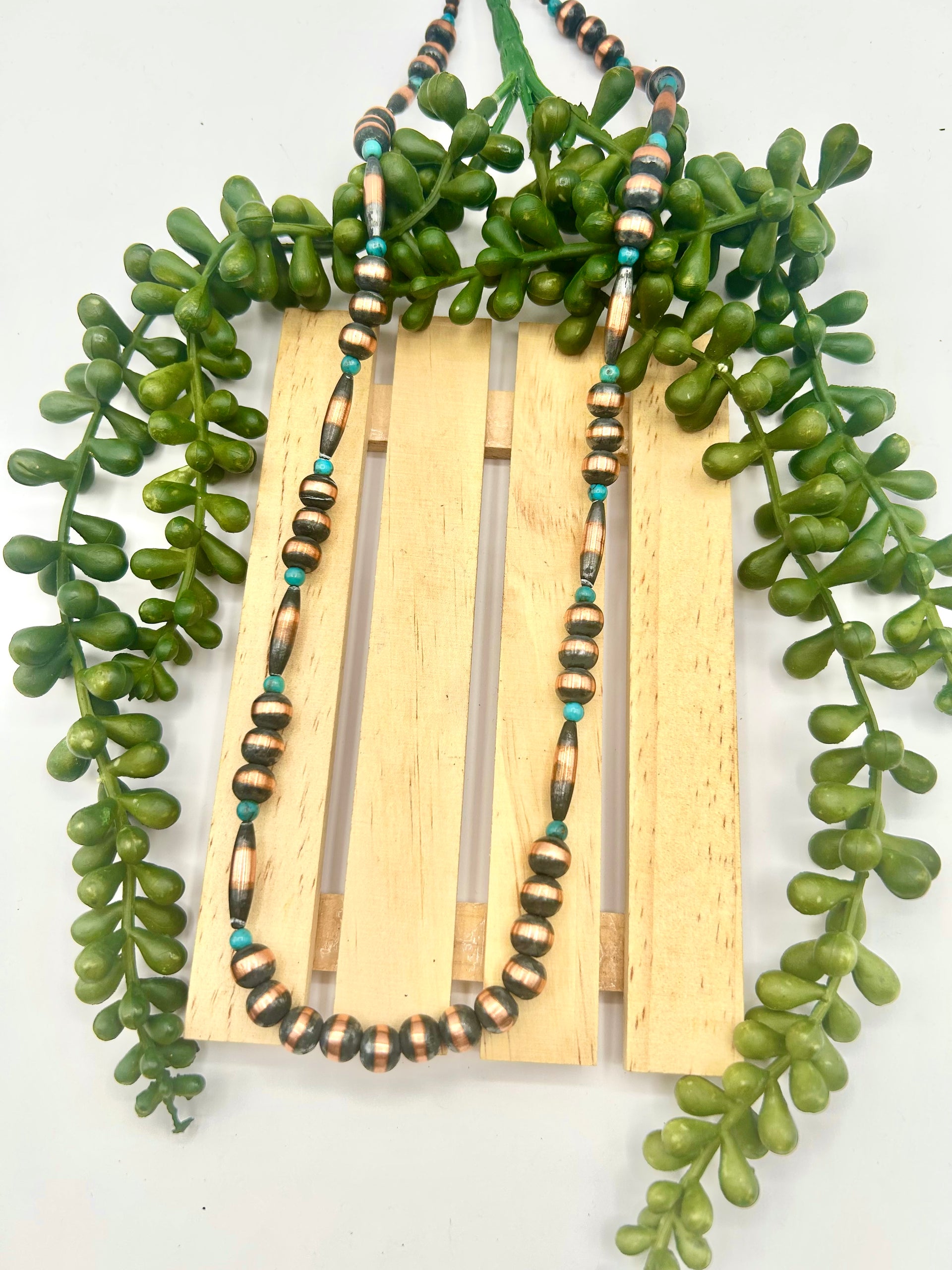 Navajo Made Strung Kingman Turquoise & Copper Necklace