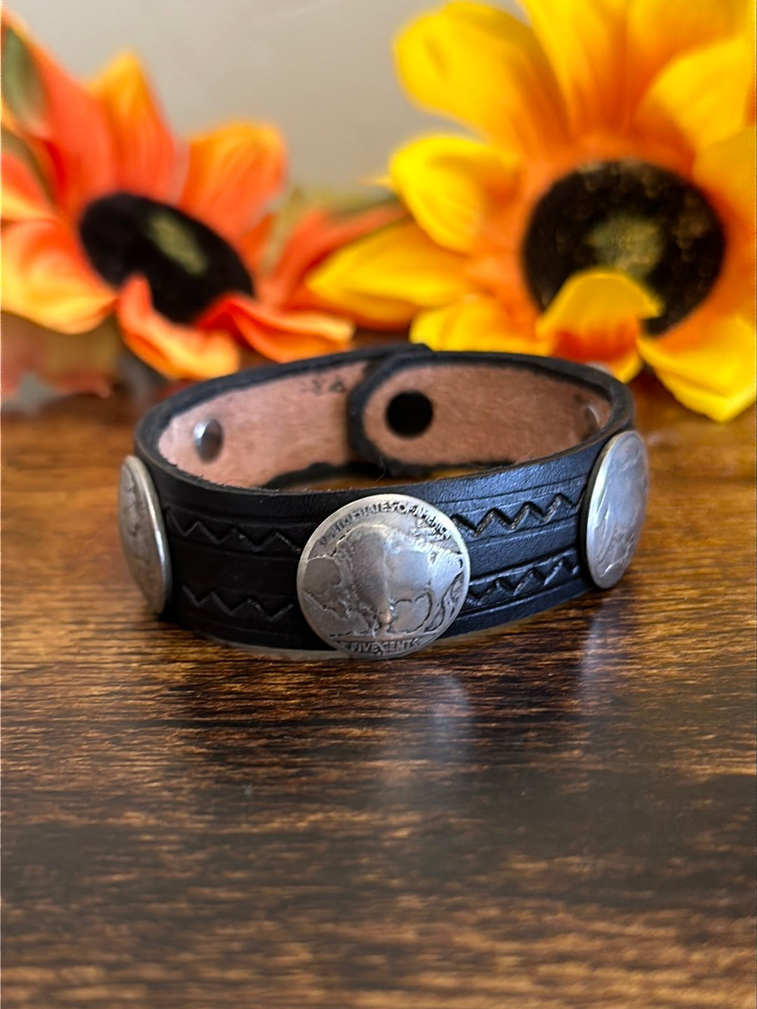 Navajo Made Leather & Sterling Silver Coin Bracelet