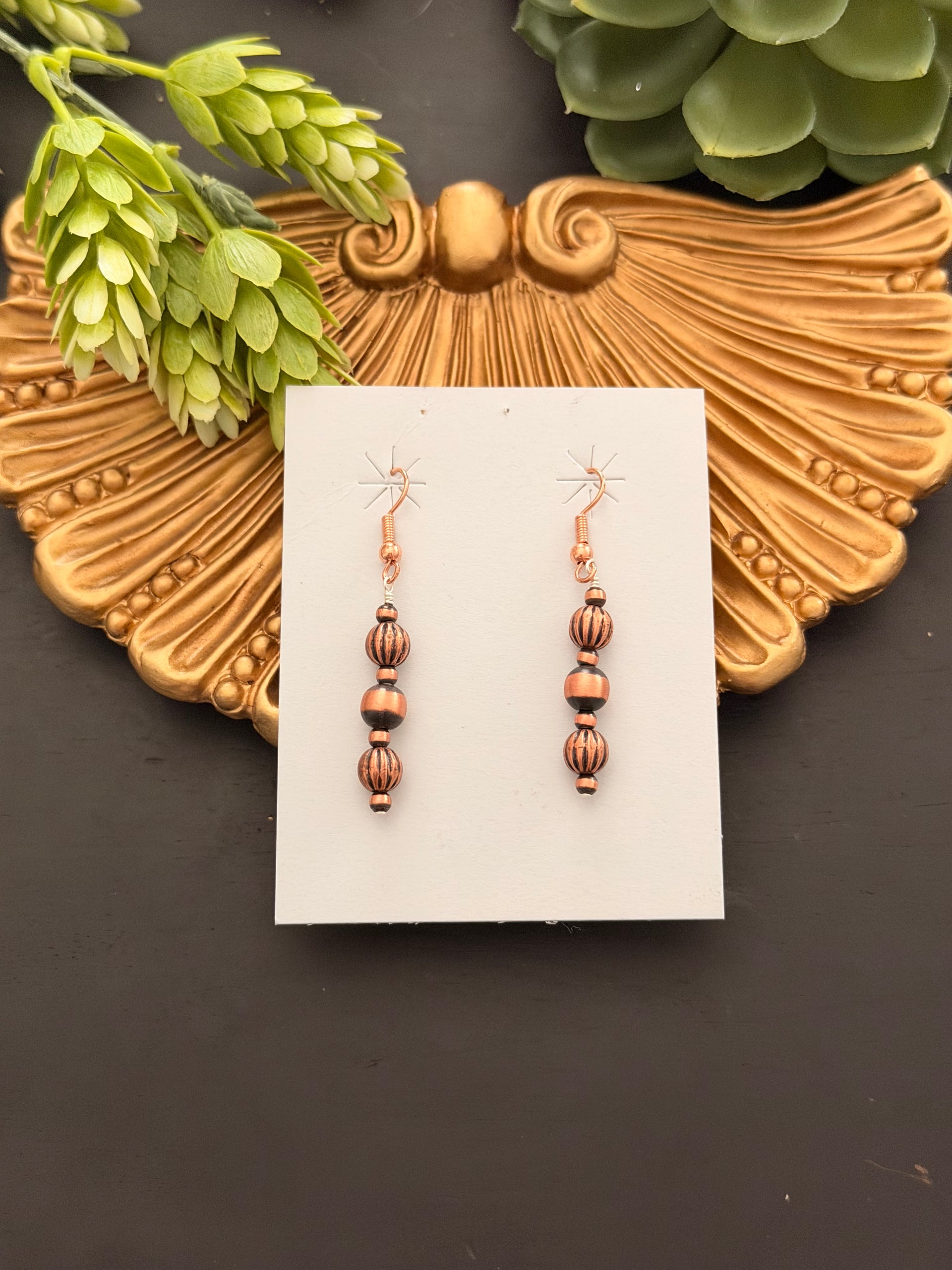 Navajo Strung Copper Graduated Machine Made Pearls Dangle Earrings