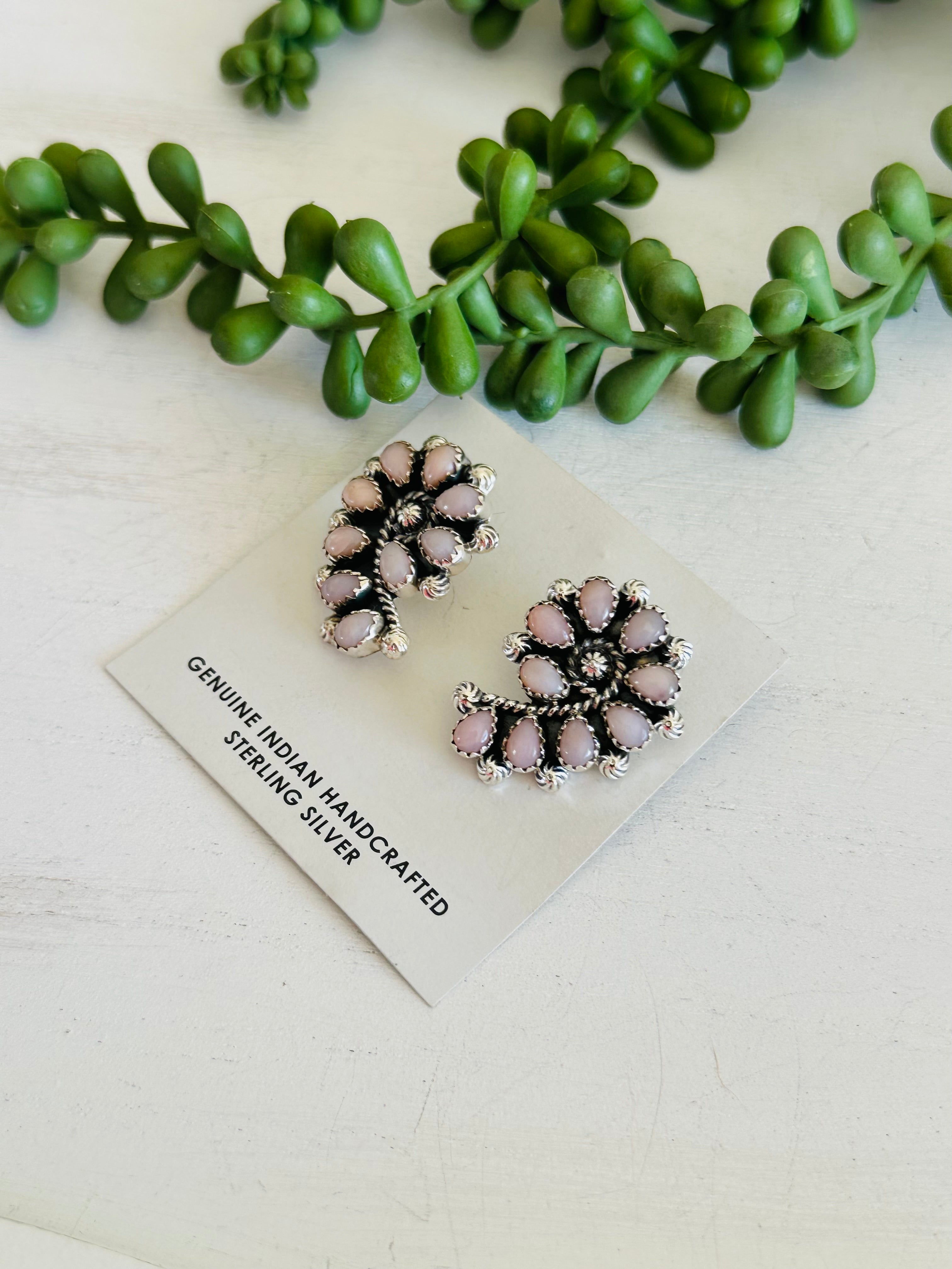 Southwest Handmade Peruvian Pink Opal & Sterling Silver Post Cluster Earrings