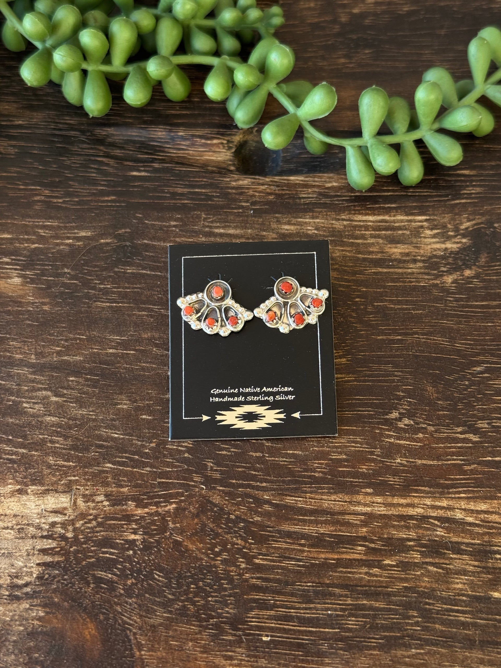 Navajo Made Mediterranean Coral & Sterling Silver Post Earrings