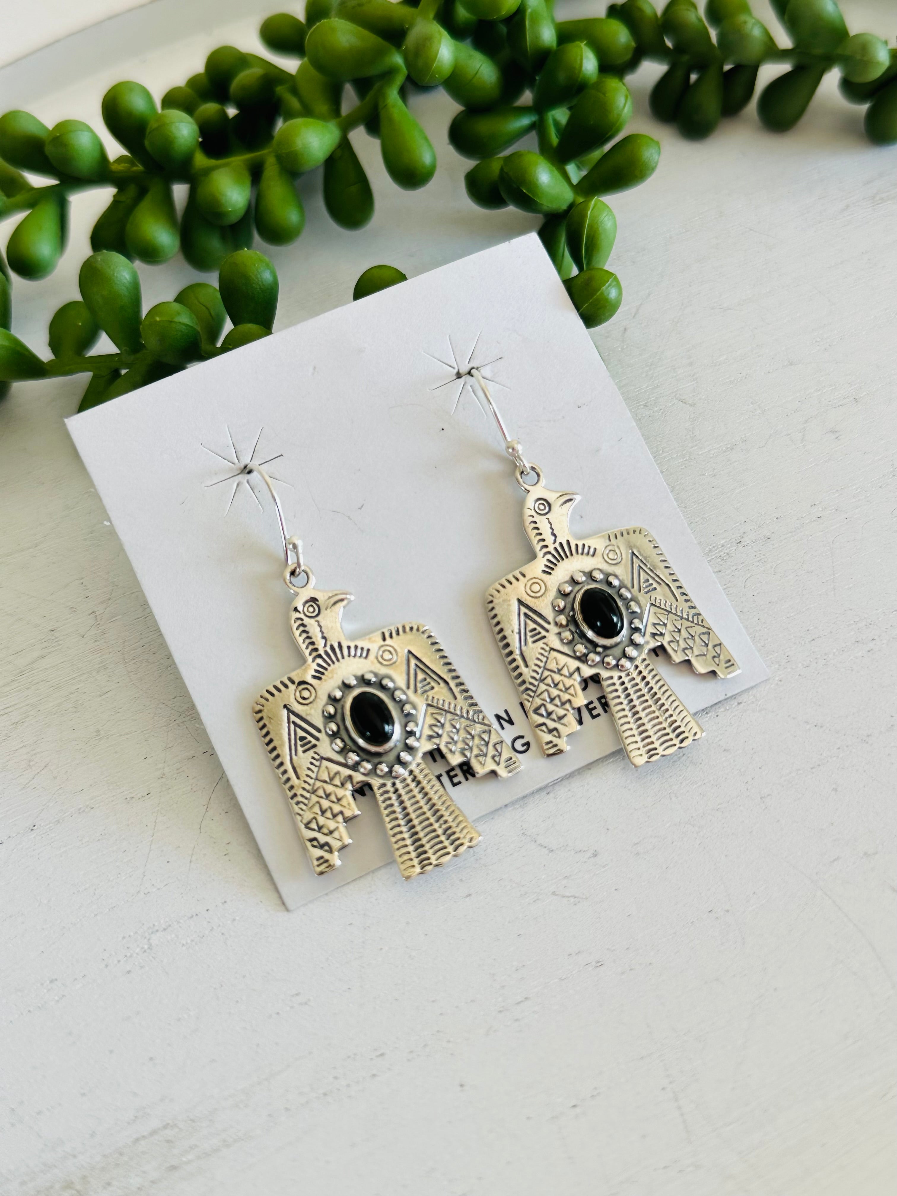 Southwest Handmade Onyx & Sterling Silver Dangle Thunderbird Earrings