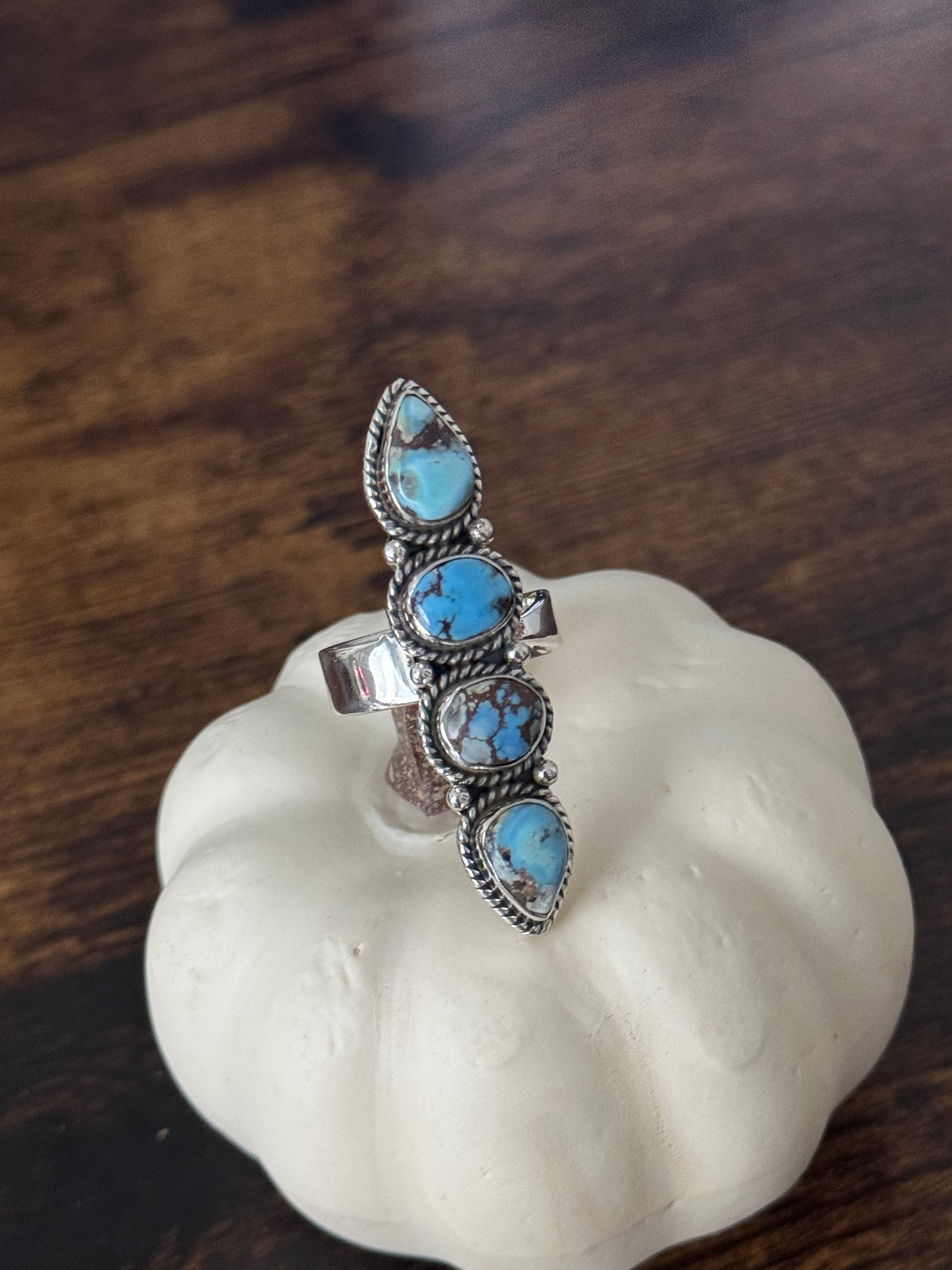 Southwest Handmade Golden Hills Turquoise & Sterling Silver Adjustable Cluster Ring