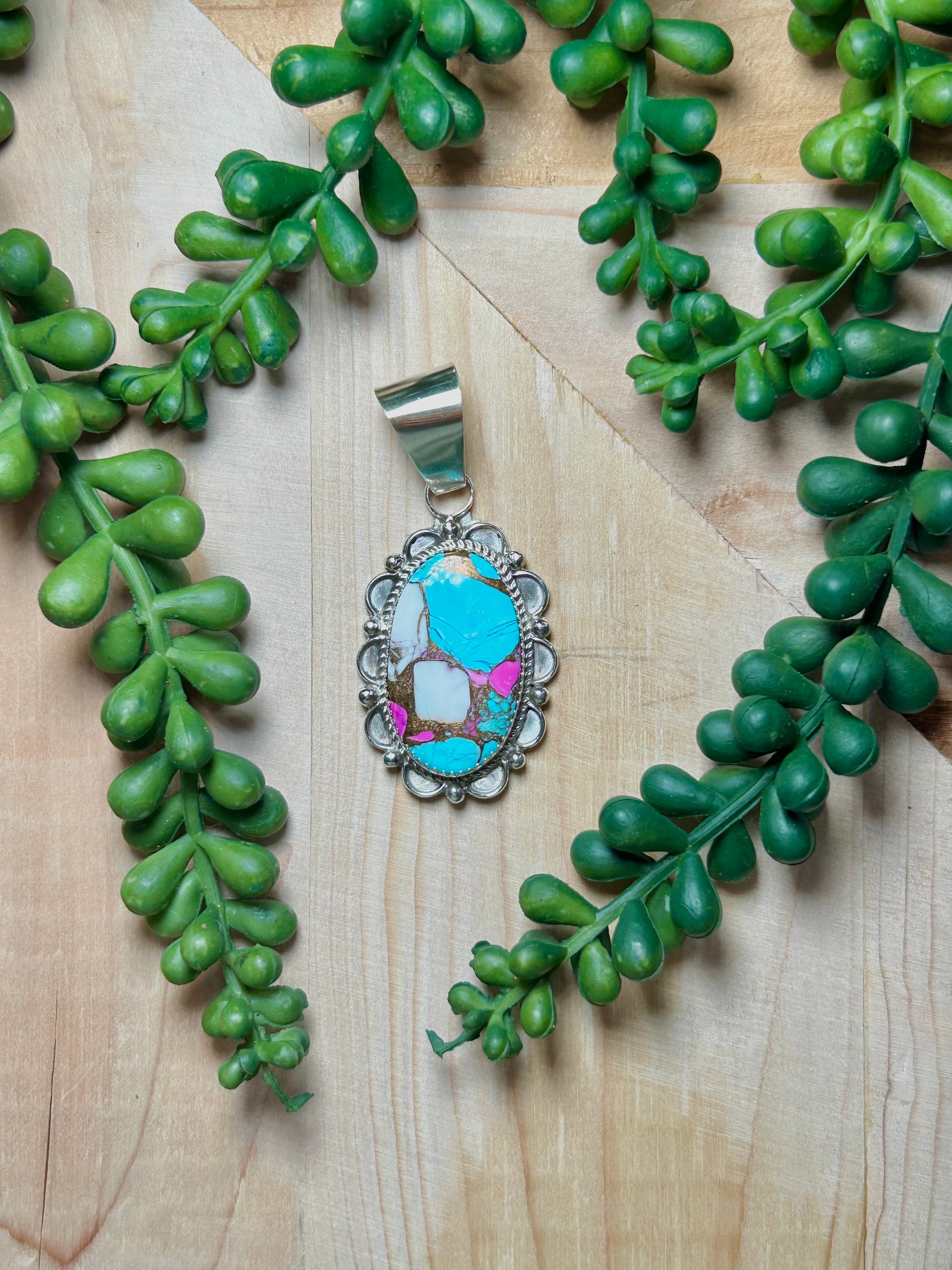 Navajo Made Cotton Candy Dahlia & Sterling Silver Cluster Pendant