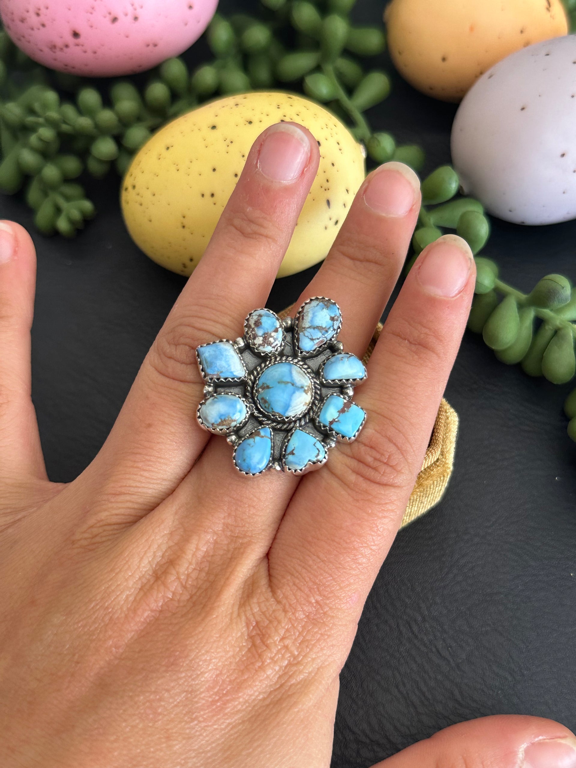 Southwest Handmade Golden Hills Turquoise & Sterling Silver Adjustable Cluster Ring